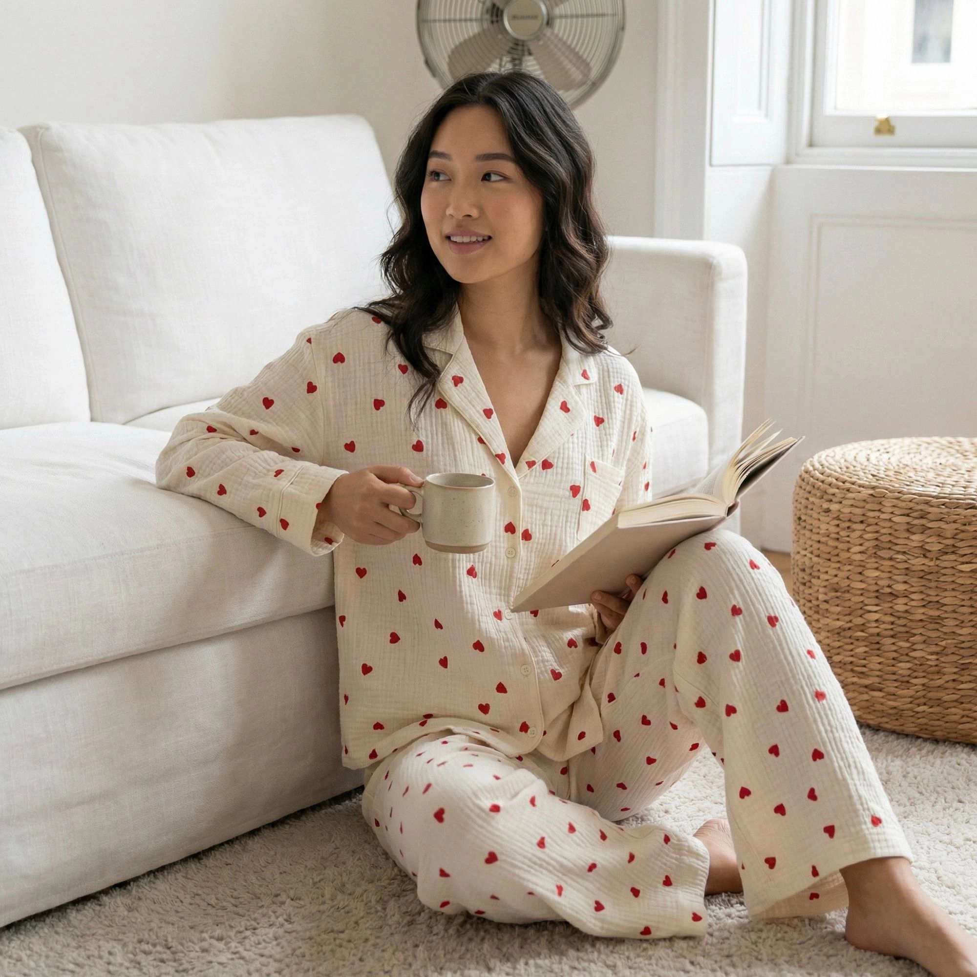 Anna-Kaci Women's Button Up Valentine Pajama Set with Heart Print and Notched Collar