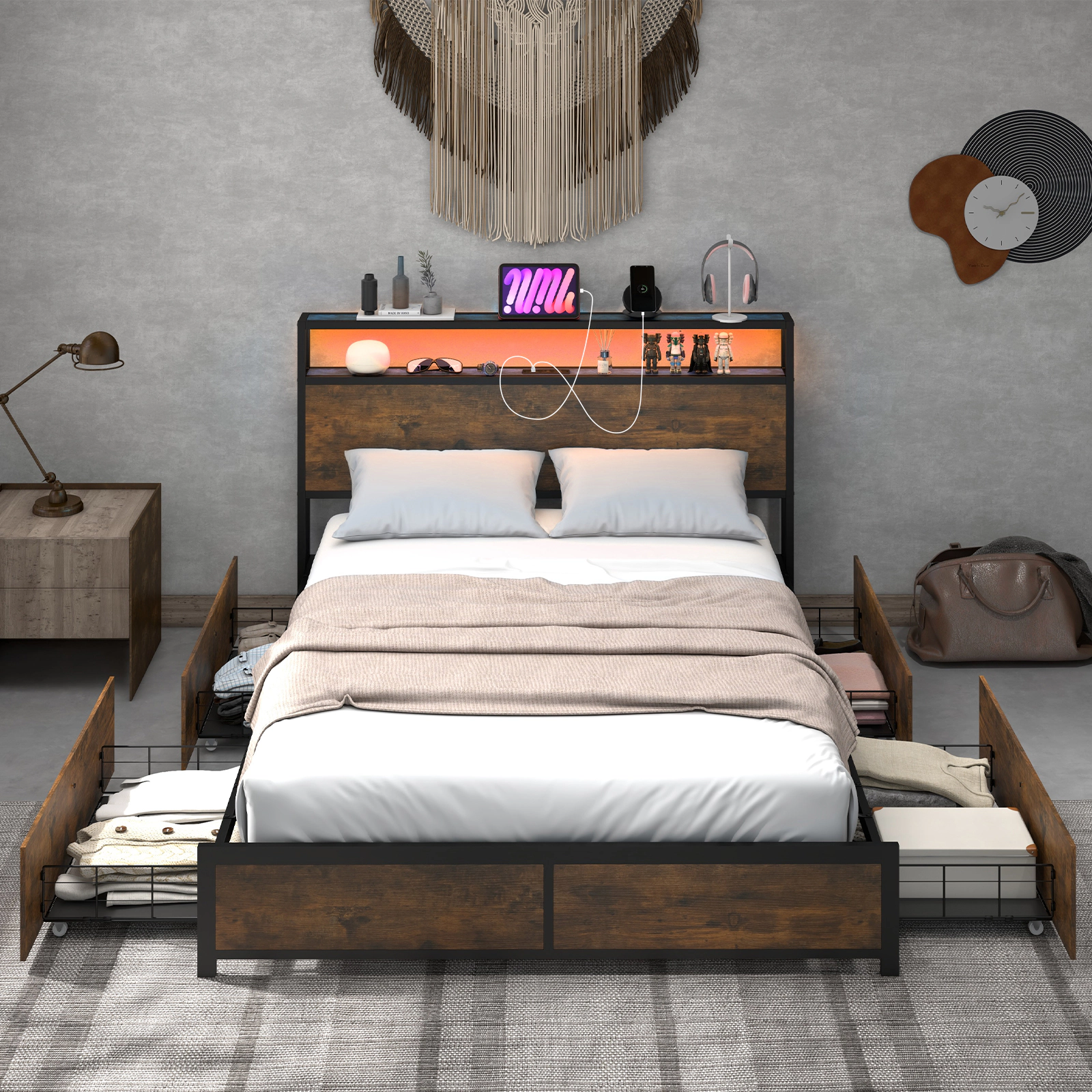 SUGIFT Full Size Bed Frame with Smart LED Lights, Headboard Storage Shelves and 4 Drawers 1100-lb Capacity Rustic Brown