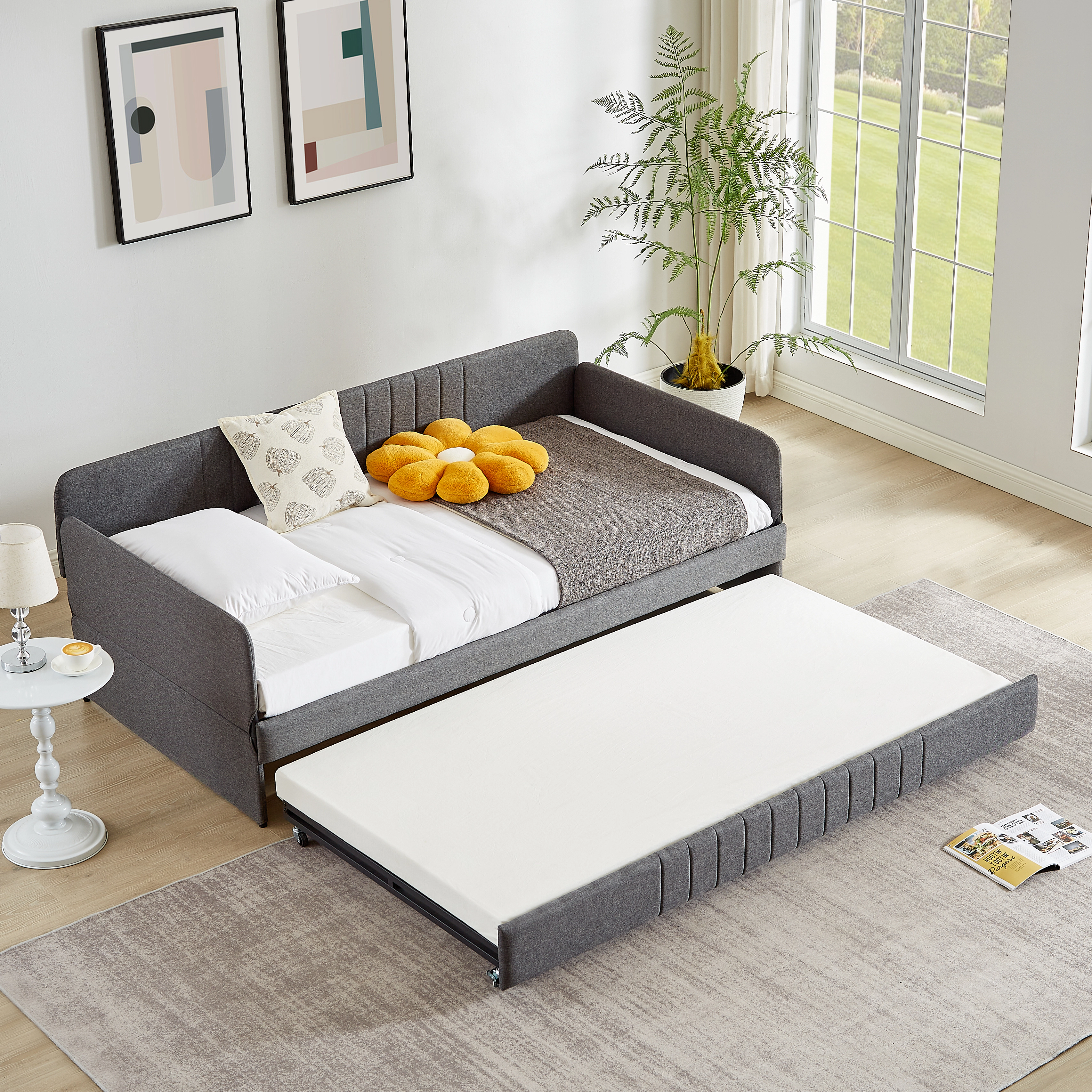 Flynama Twin Daybed Sofa Bed with Trundle, Metal Frame, Grey (78.4"L x 41"W x 29.8"H reference noted)