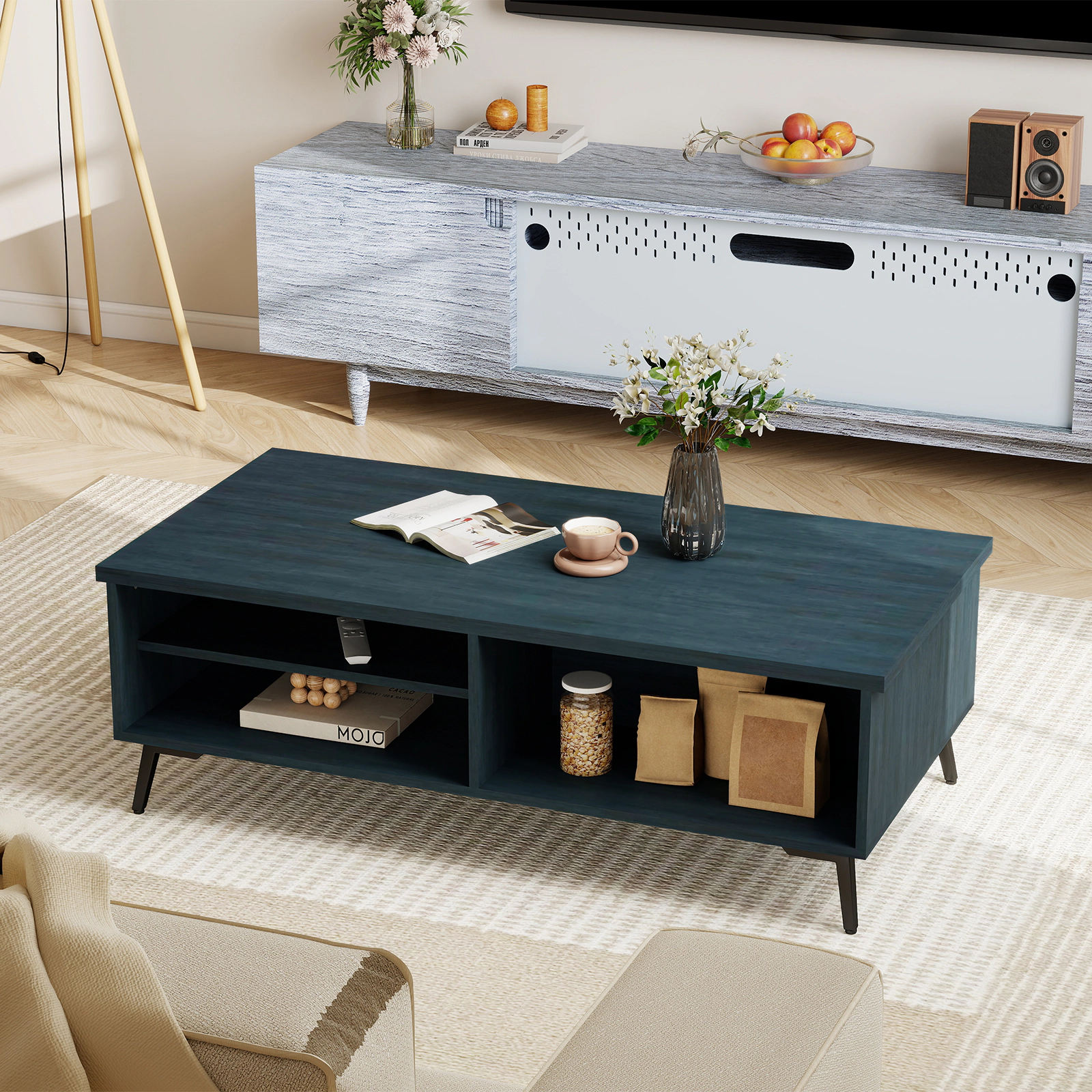 Glintex 2-Tier 47-Inch Mid-Century Coffee Table with Side Compartments
