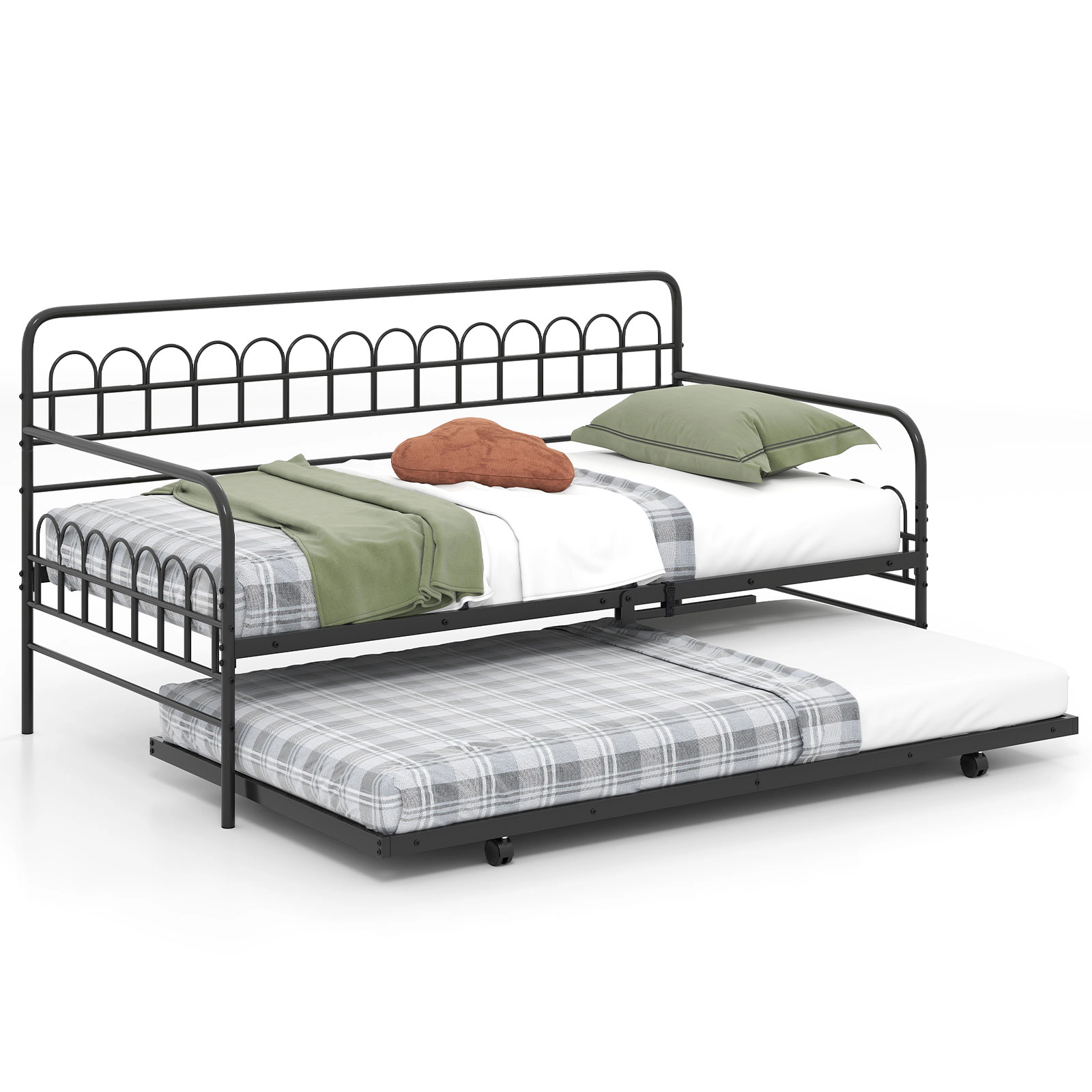 SUGIFT Black Curved Backrest Armrests and Roll-Out Trundle Twin Metal Daybed