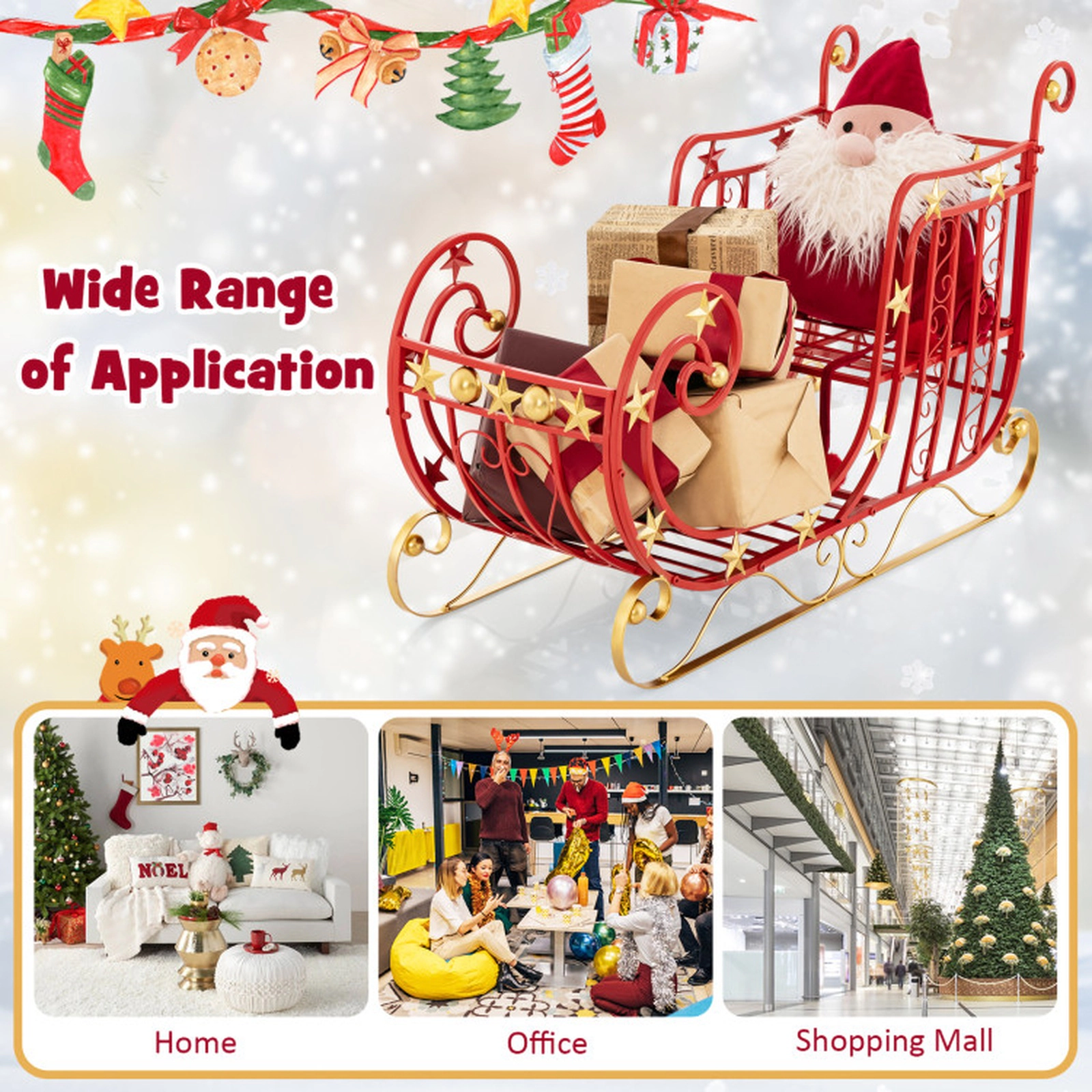 SUGIFT Red and Gold Metal Christmas Santa Sleigh Decor with Large Cargo Area 39-in W 14-in D 24-in H