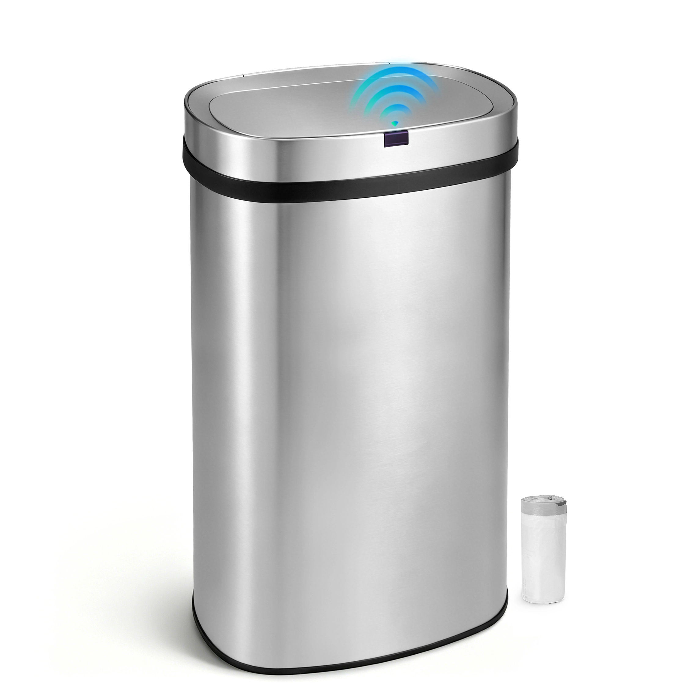 Innovaze 16 Gal. Touchless Motion Sensor Stainless Steel Kitchen Trash Can, Oval Design, Includes 45 Trash Bags, Silver