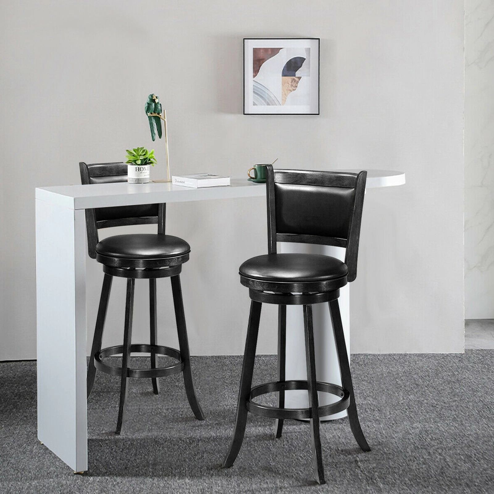 SUGIFT Set of 2 Black 29-Inch Swivel Bar Stools with Panel Back and PVC Padded Seats