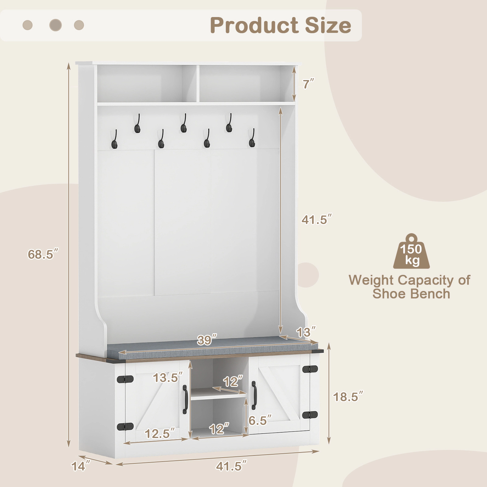 Glintex 4-in-1 Hall Tree with Cushioned Bench Shoe Cabinet and 7 Metal Hooks, White