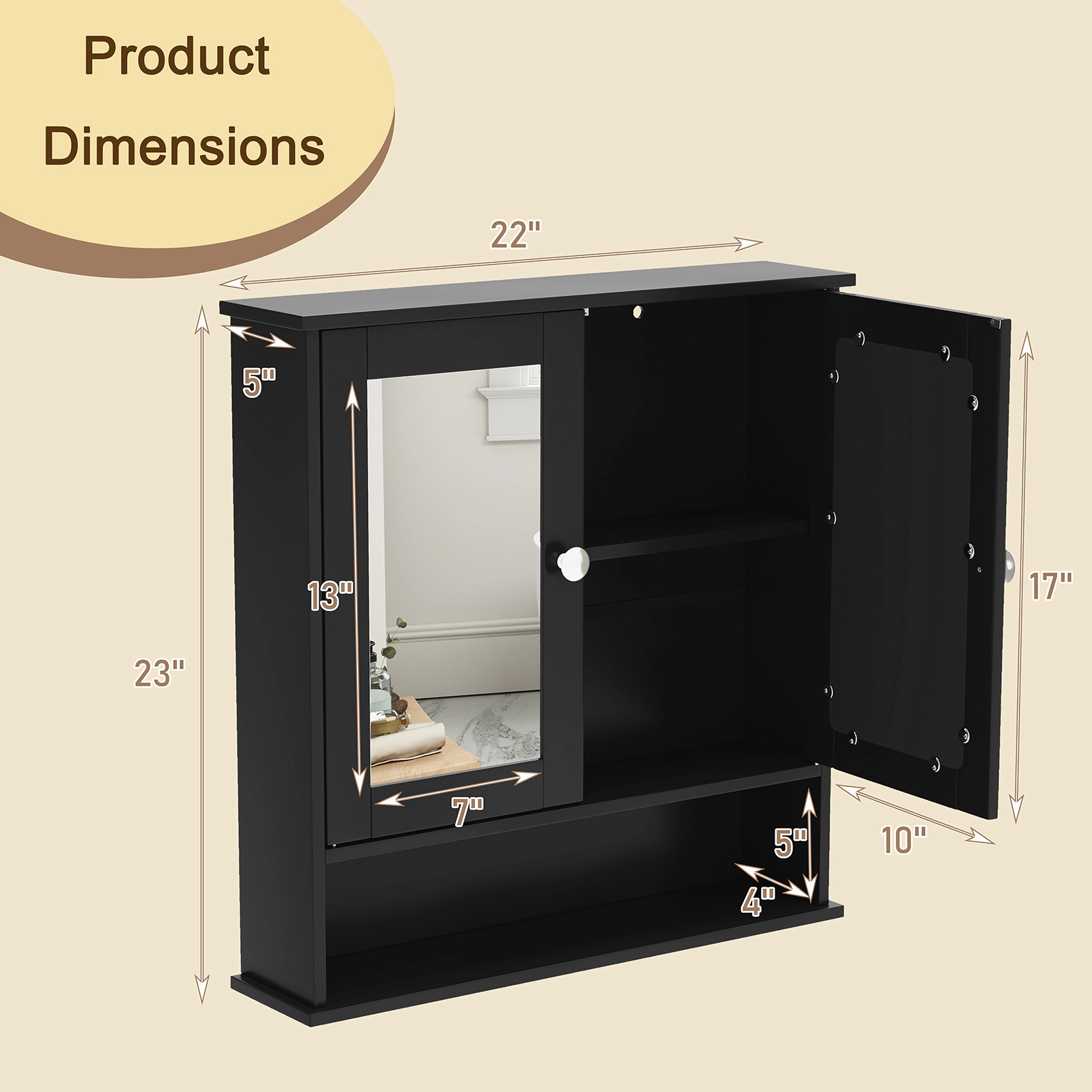 SUGIFT Black 44-lb Capacity Double Door Wall Mounted Bathroom Mirror Cabinet with Open Storage Shelf