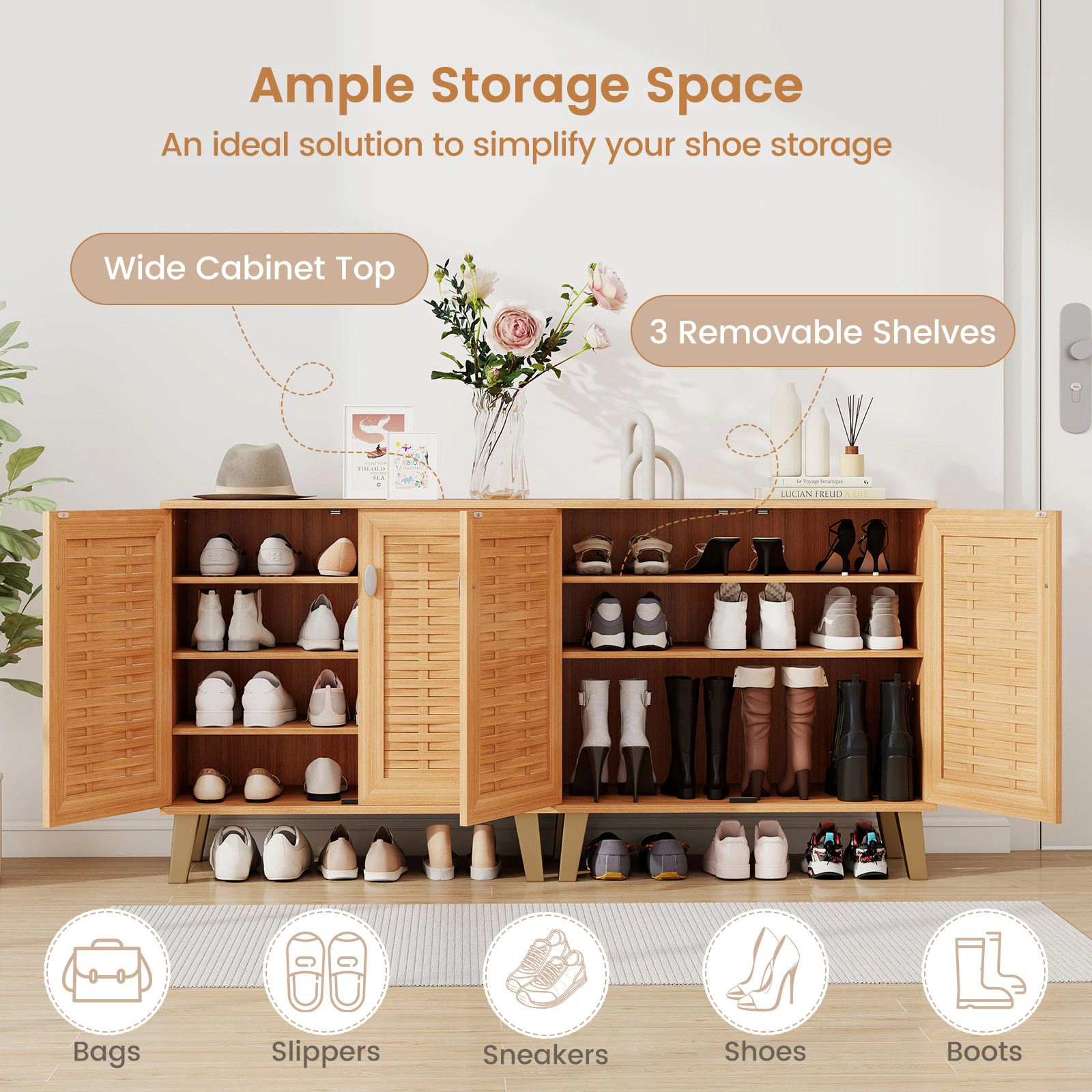 SlickBlue Modern Shoe Organizer Cabinet with Woven Doors and Storage Shelves