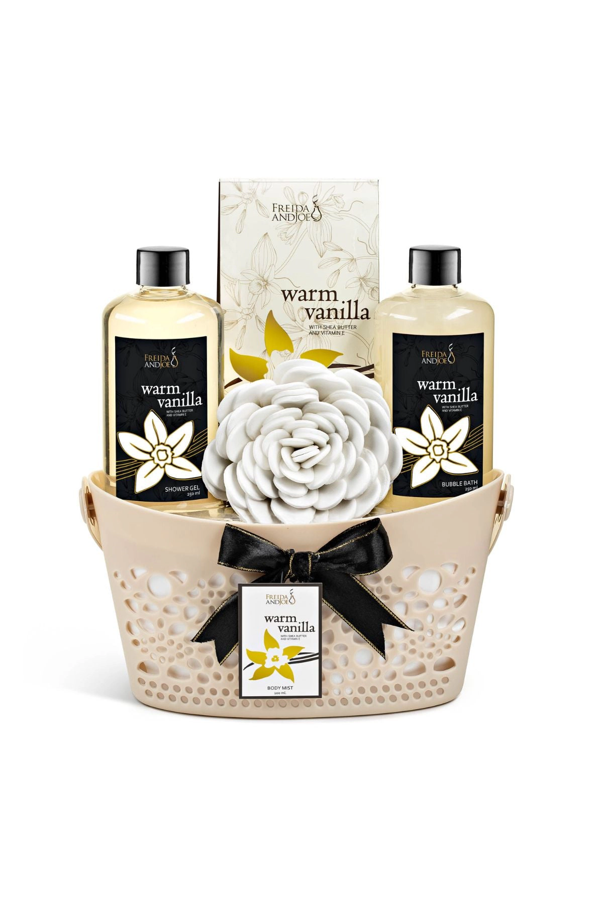 Freida and Joe Women Warm Vanilla Bath and Body Spa Set in a Reusable Beautiful Basket