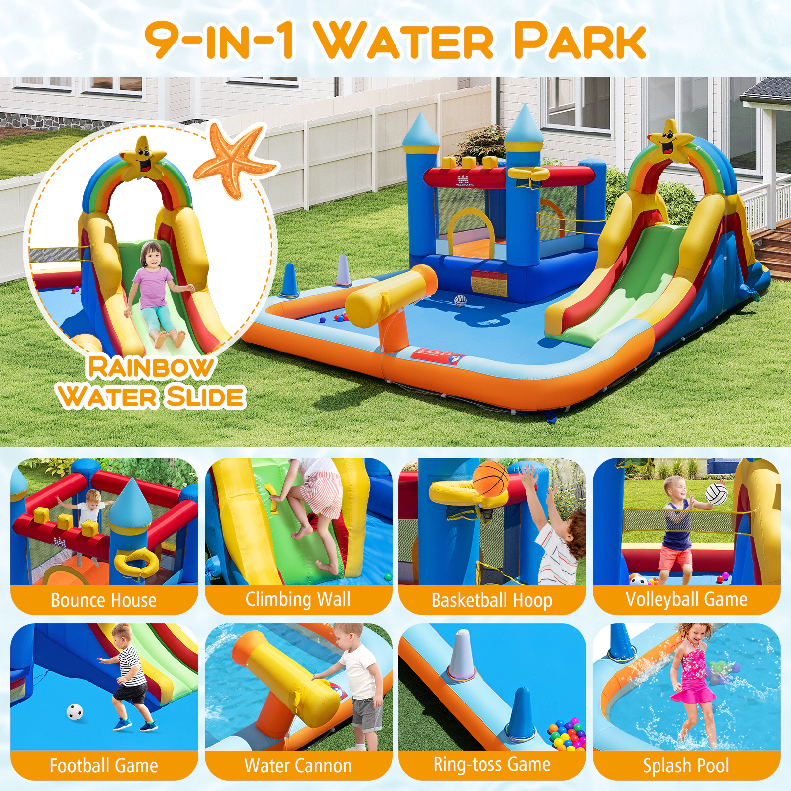 SUGIFT Inflatable Water Slide Park with Climbing Wall and Splash Pool Bounce House 200-lb Capacity Ages 3-12 Colorful