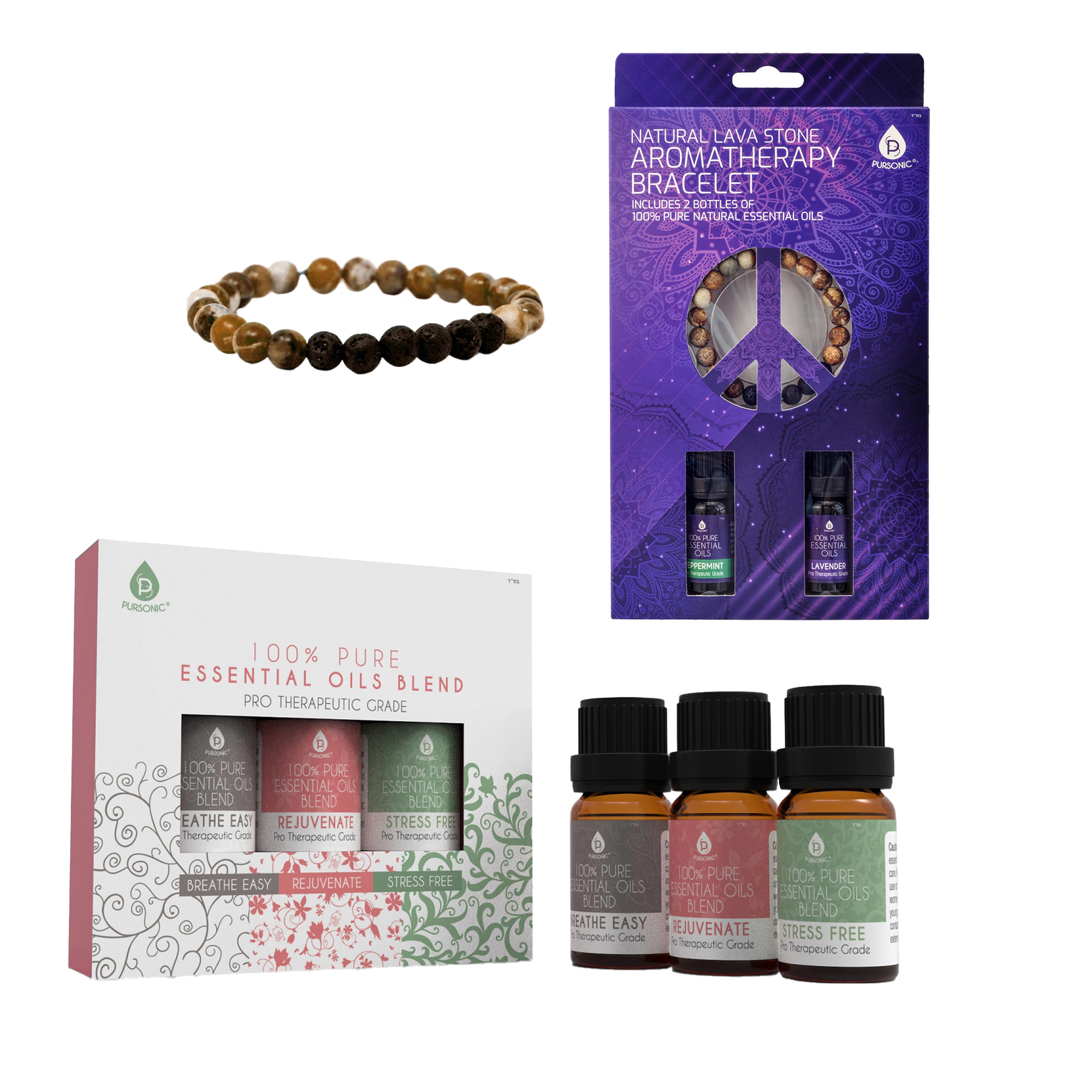 Pursonic Unisex Aromatherapy Wellness Essential Oil Diffuser Bracelet & Pure Essential Oils Blend Bundle