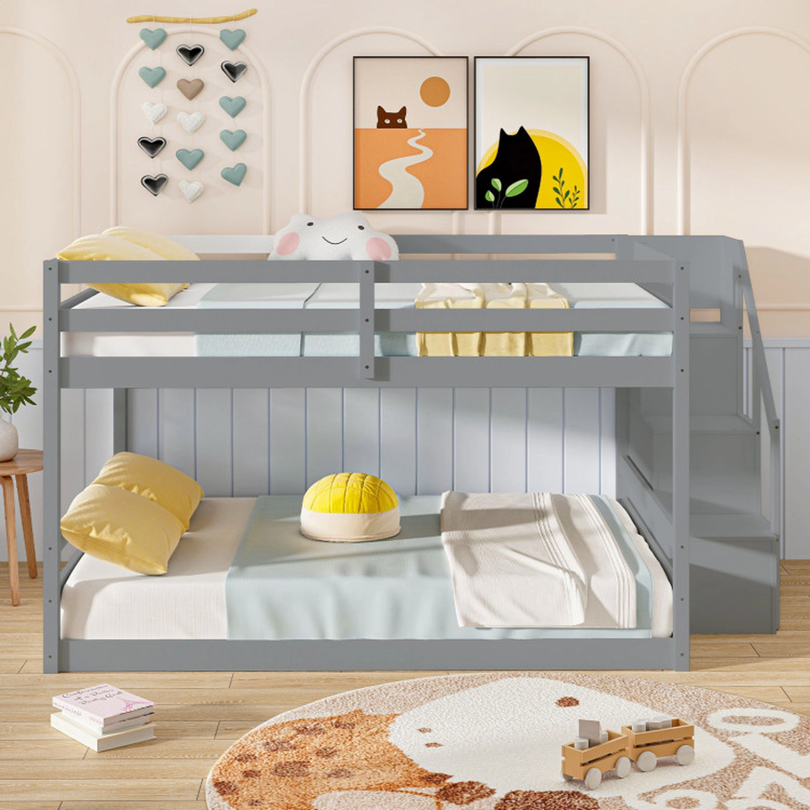 SUGIFT Kids Full Over Full Storage Stairs Solid Wood Low Bunk Bed 94.5-in x 56.5-in x 50.5-in 250-lb Capacity Gray