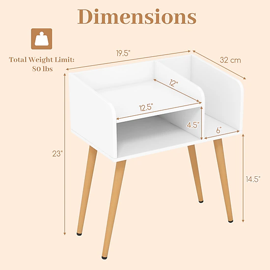 Glintex Mid-Century Nightstand with Divided Open Shelves and 14.5-Inch Leg Clearance