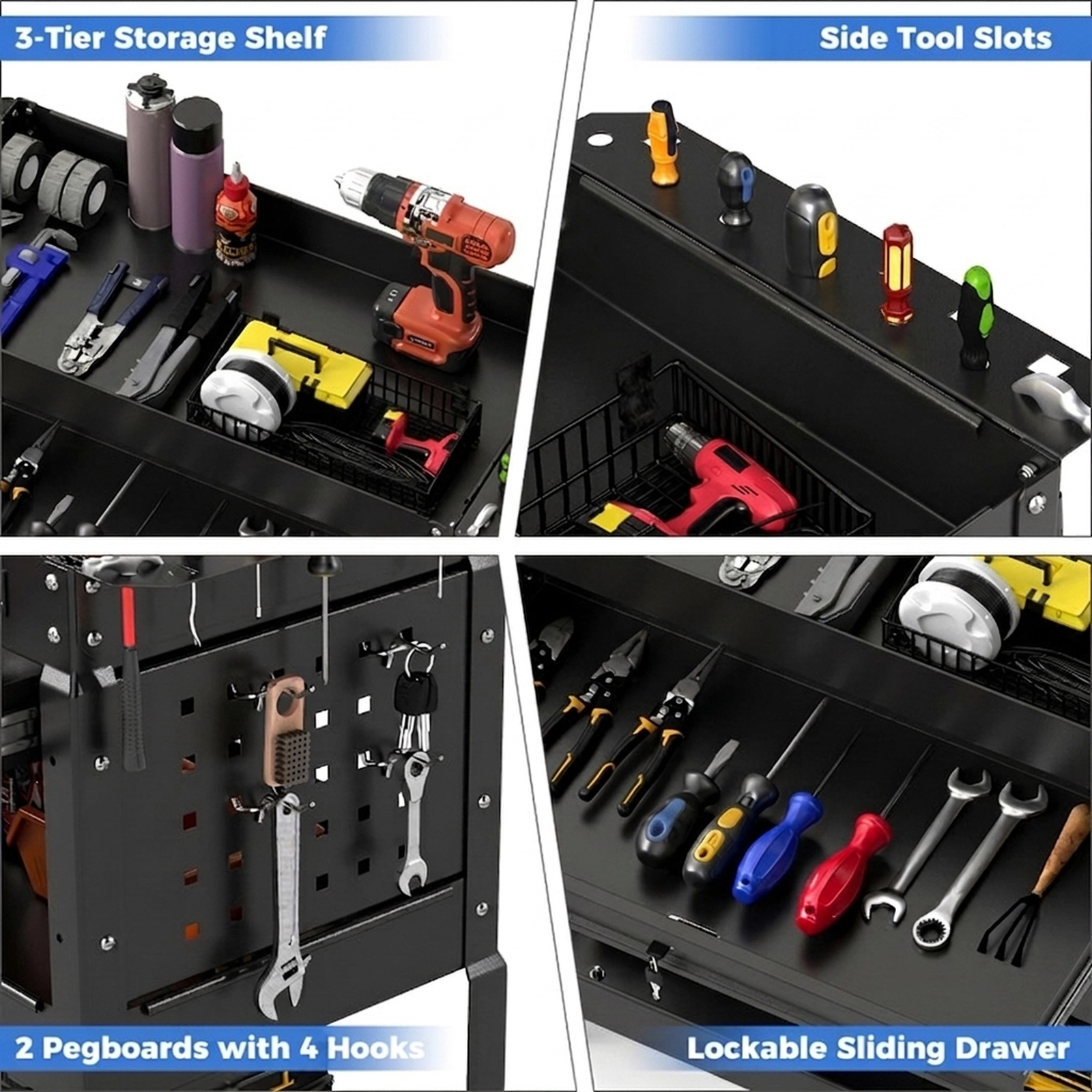 SUGIFT 3-Tier 350-lb Capacity Rolling Tool Cart with Lockable Ball-Bearing Drawer 2 Pegboards and 4 Hooks