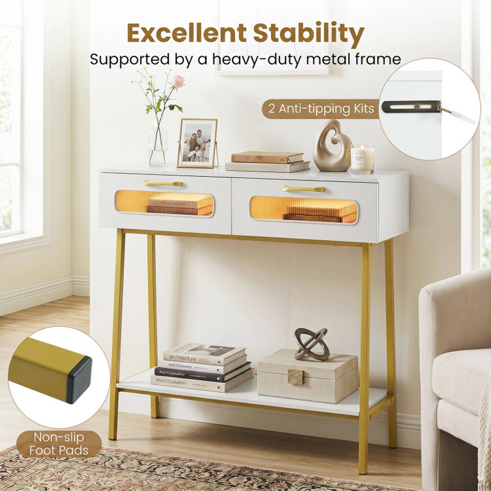 SUGIFT LED Console Table with Remote Control and Open Shelf 100-lb Tabletop Capacity 2-Drawer 36-in Wide White & Gold