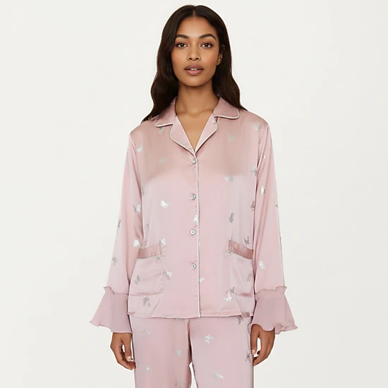 Anna-Kaci Women's 2-Piece Satin Pajama Top with Piping Detail and Ruffled Cuffs Paired with Matching Pants