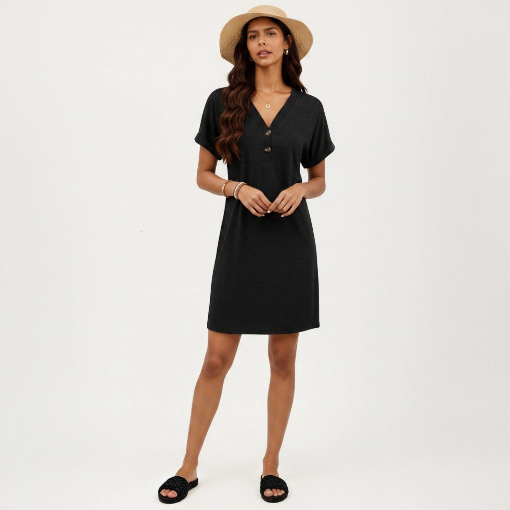 Anna-Kaci Women's Short Sleeve V Neck Button Detail Relaxed Fit Casual Tunic Shift Dress