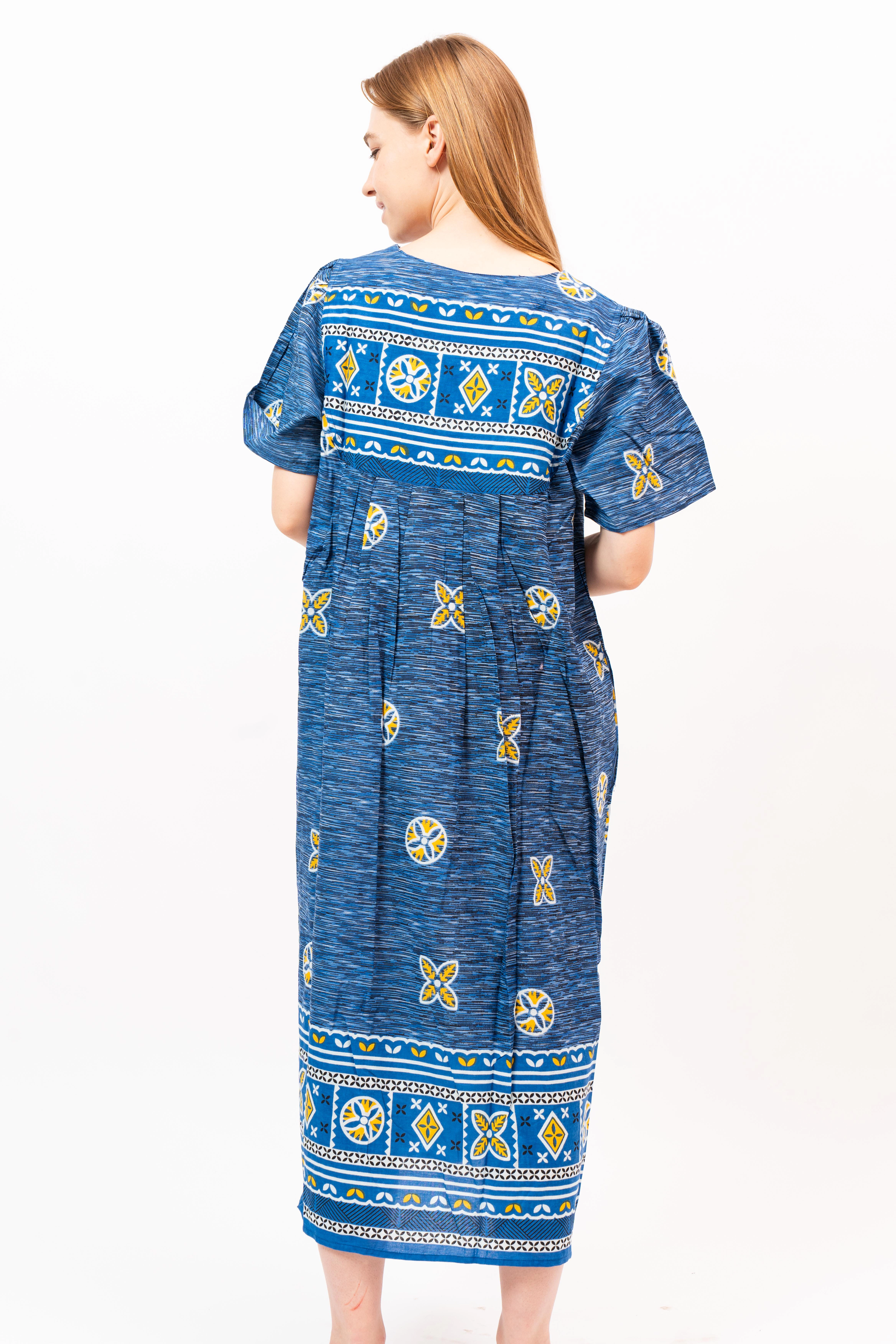Loungees Border Print Cotton Lounge Dress House Caftan 3 Button Bib Yoke Short Sleeve