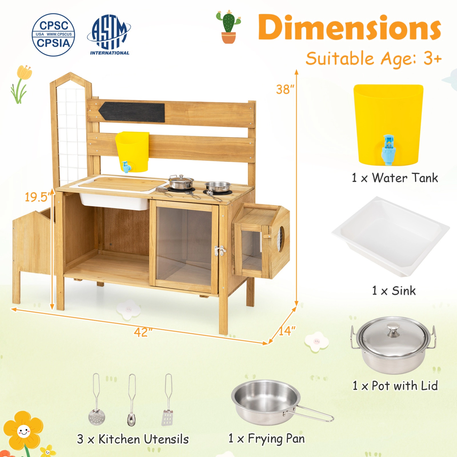 SUGIFT Fir Wood Mud Kitchen for Kids with Detachable Bird Cage, Stoves and Planter Box Ages 3+ Natural
