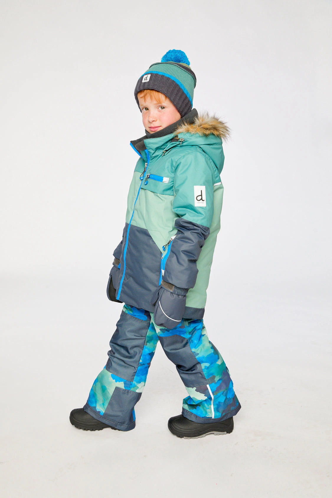 Deux par Boys Colorblock Two Piece Play Snowsuit with Hooded Jacket and Camouflage Snow Pants