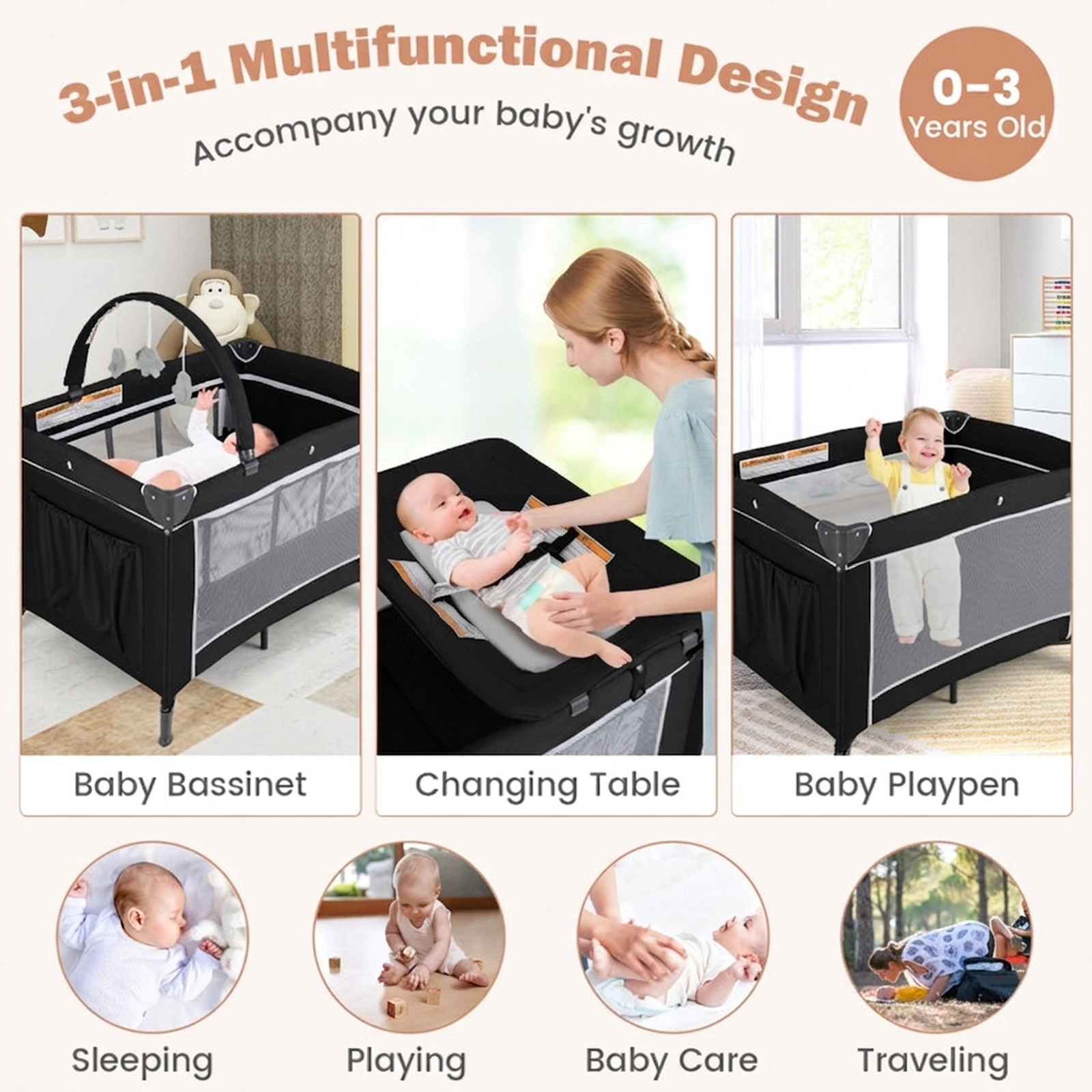 SUGIFT 3-in-1 Foldable Portable Baby Playard and Travel Crib with Bassinet Changing Table and Mesh Walls