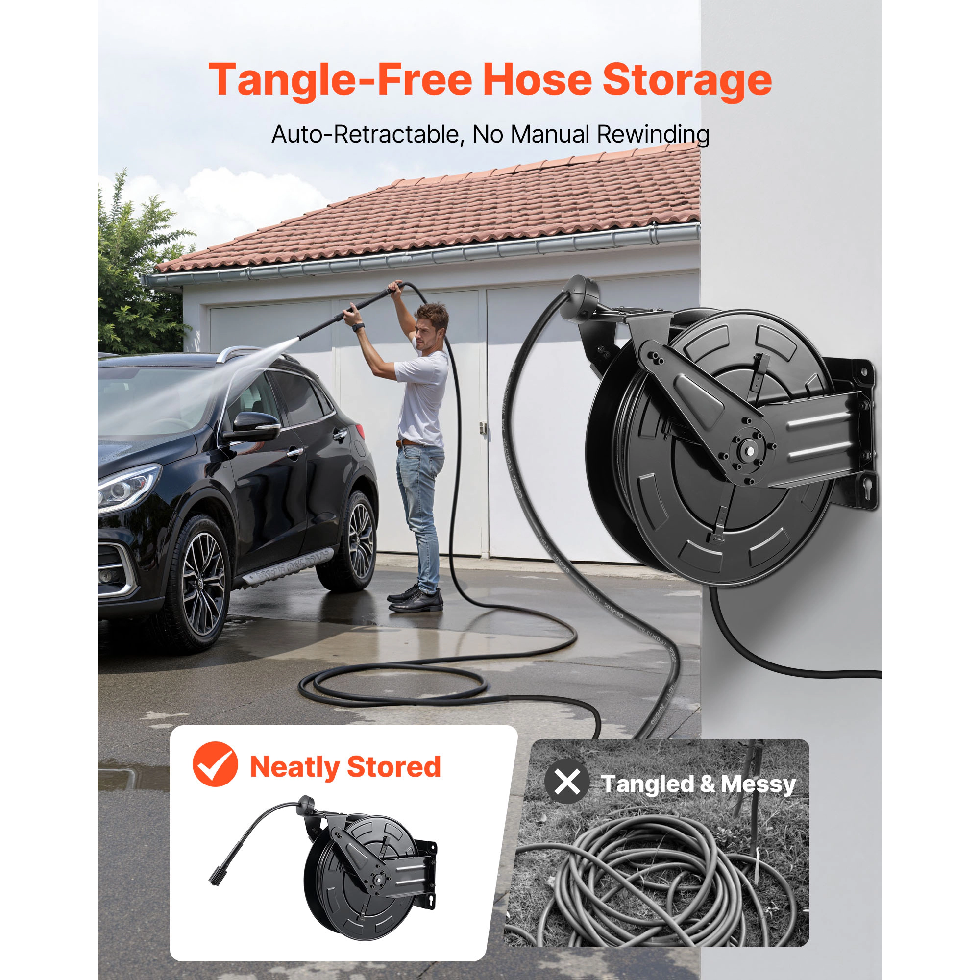 HONGGE Pressure Washer Hose Reel, Auto-Rewind 50 ft x 3/8-inch Steel Reel, 4000 PSI, Wall/Floor Mount