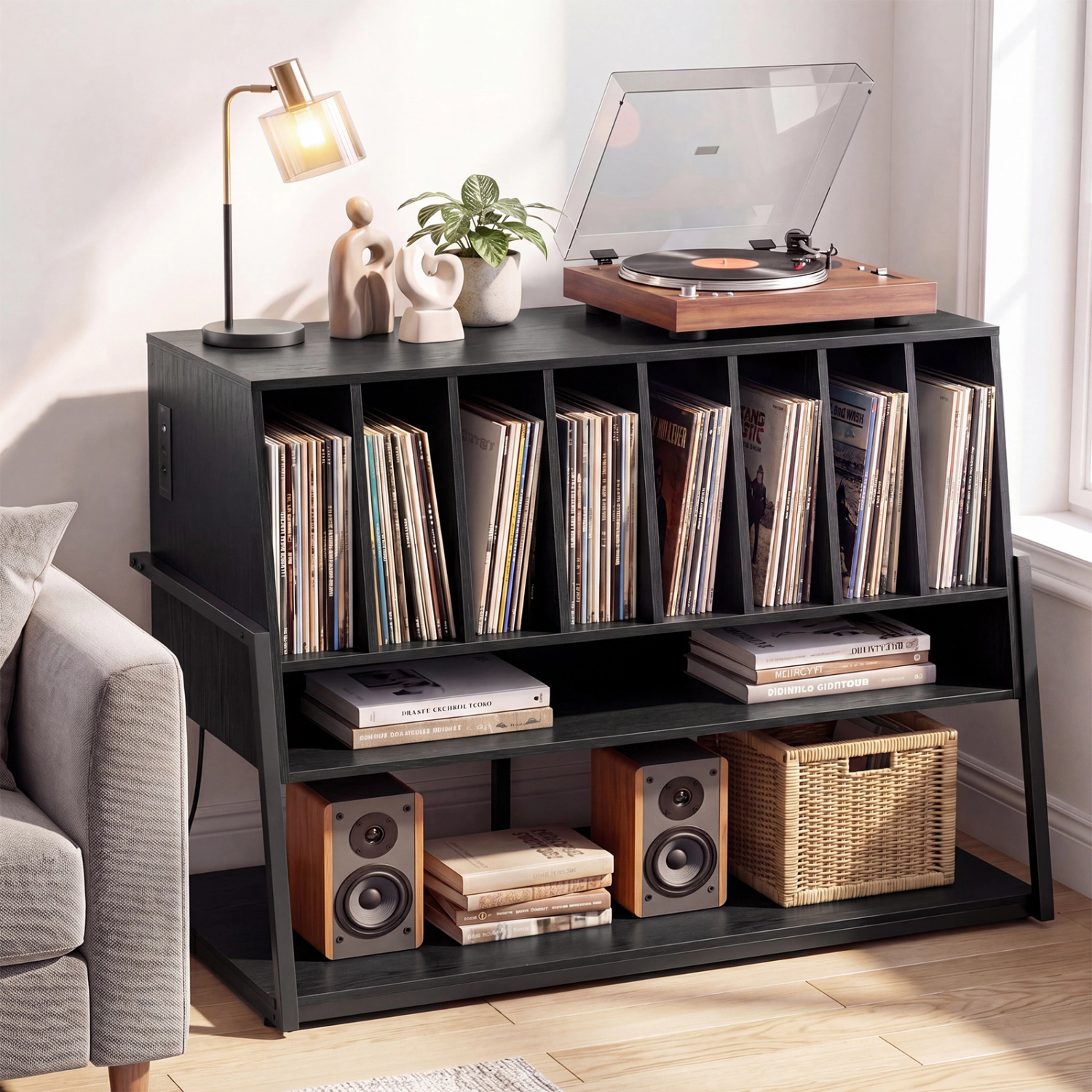 LJG Turntable Stand with Charging Station and Vinyl Storage