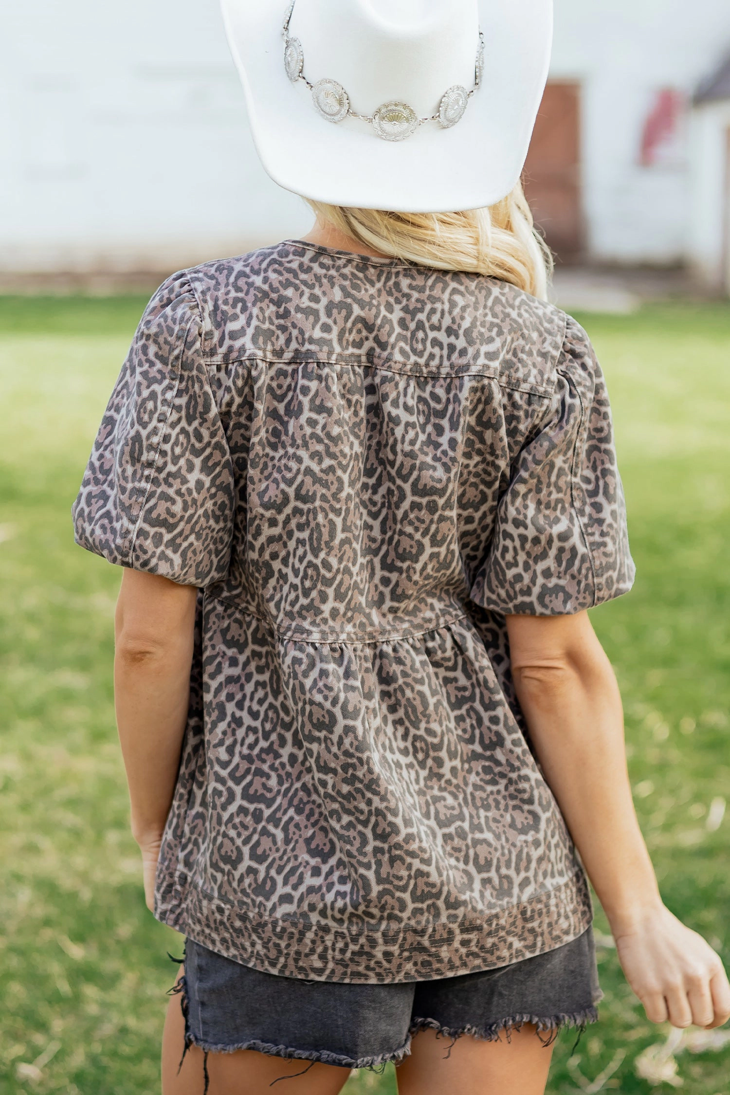 Threaded Pear Womens Stephanie Puff Sleeve Babydoll Top - Leopard Print, V-Neck Tie, Tiered Hem