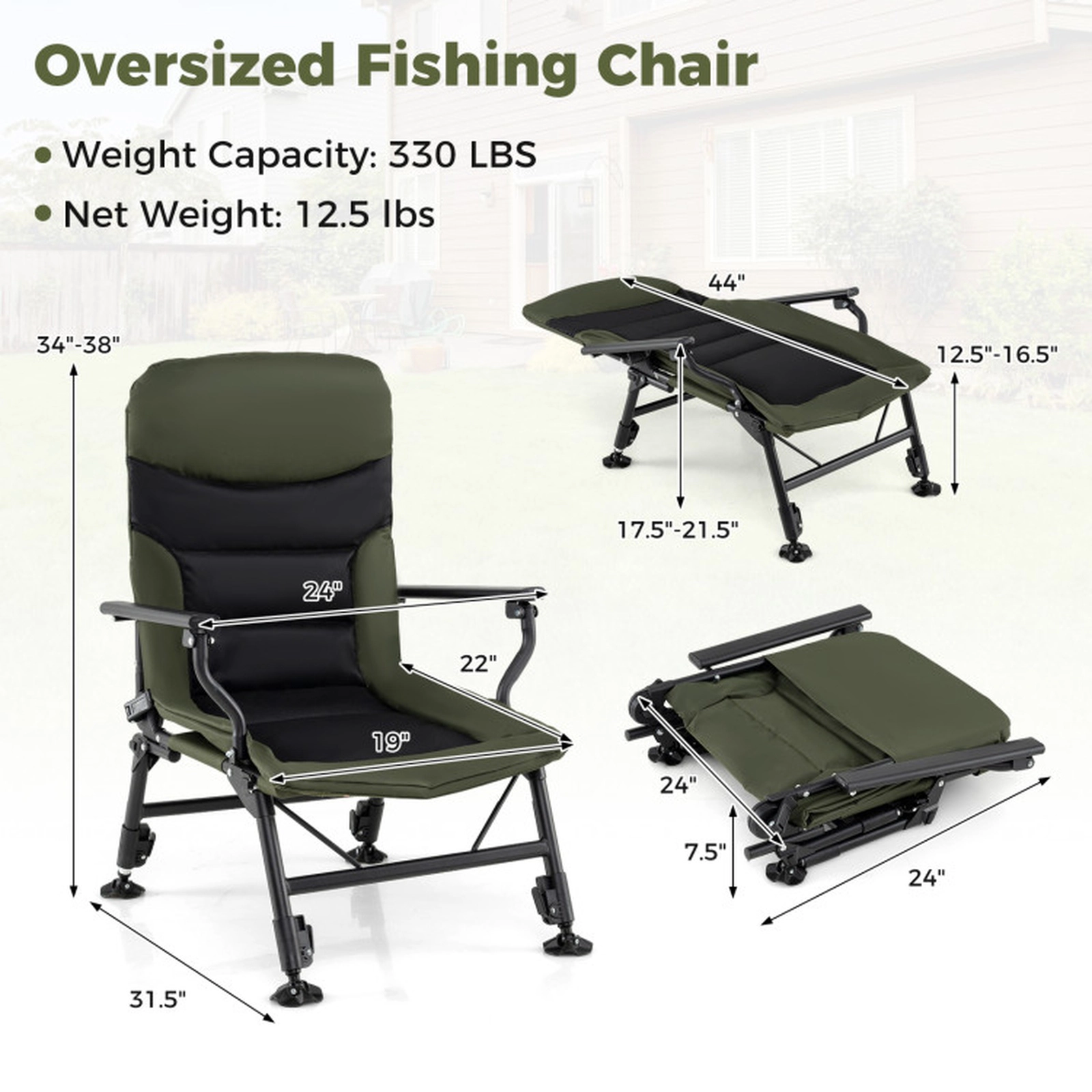 SUGIFT Green Oversized Reclining Fishing Chair with 5-Level Backrest 24-in W 31.5-in D 330-lb Chair Capacity