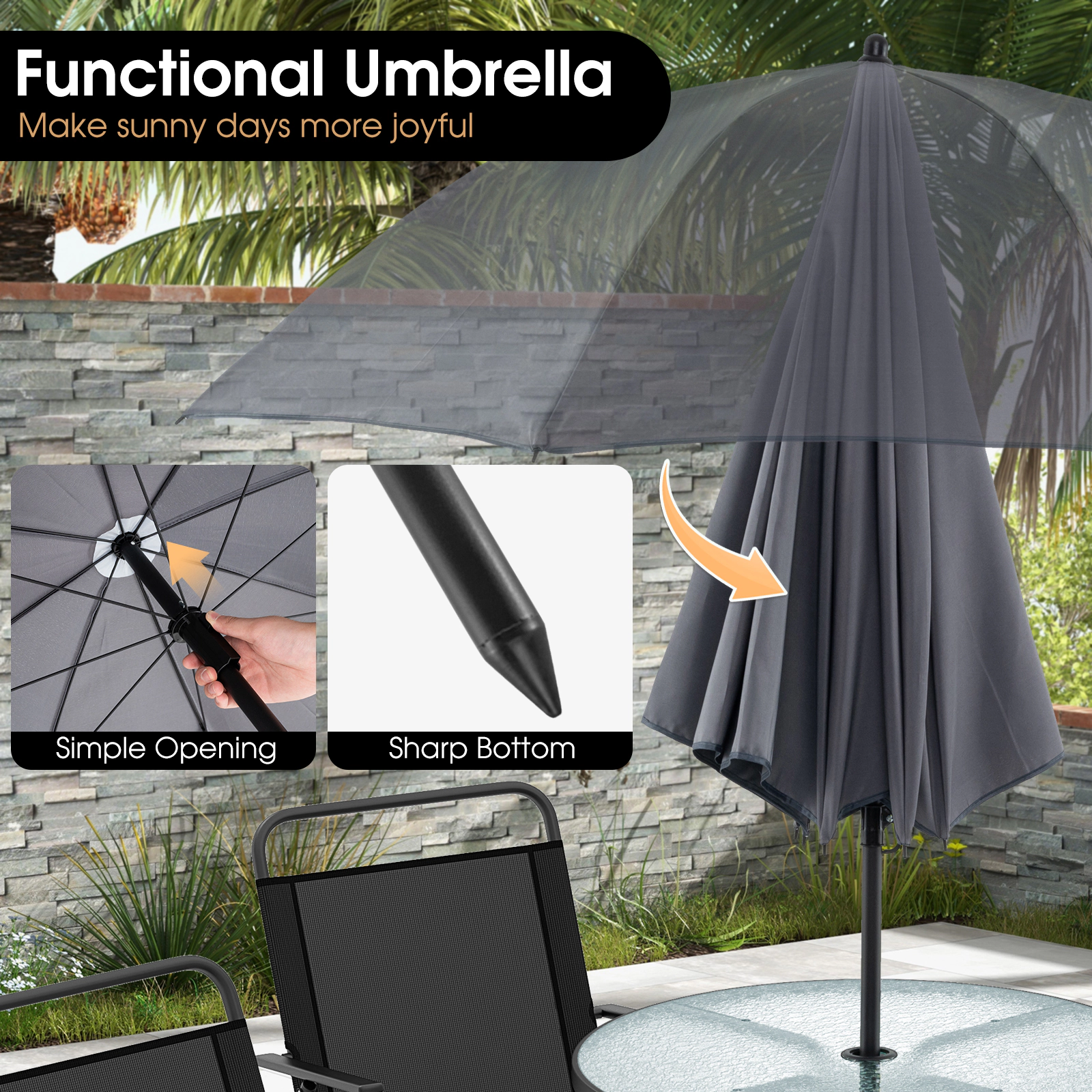 SUGIFT Gray Folding Chairs Tempered Glass Table and Tilt Umbrella 6-Piece Patio Dining Set