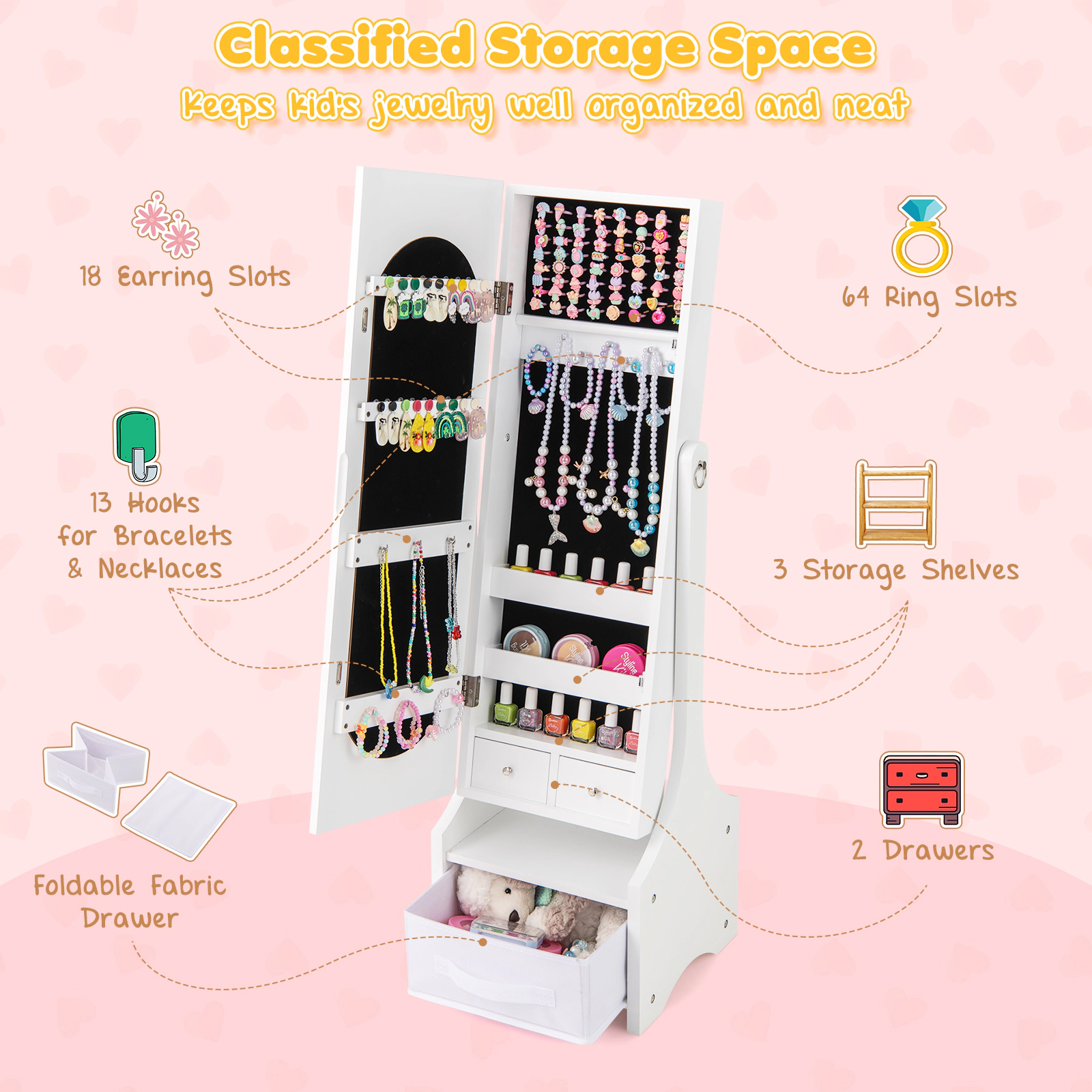 SUGIFT Kids Jewelry Armoire White Freestanding Cabinet with 2 Tilt Angles and Fabric Drawer