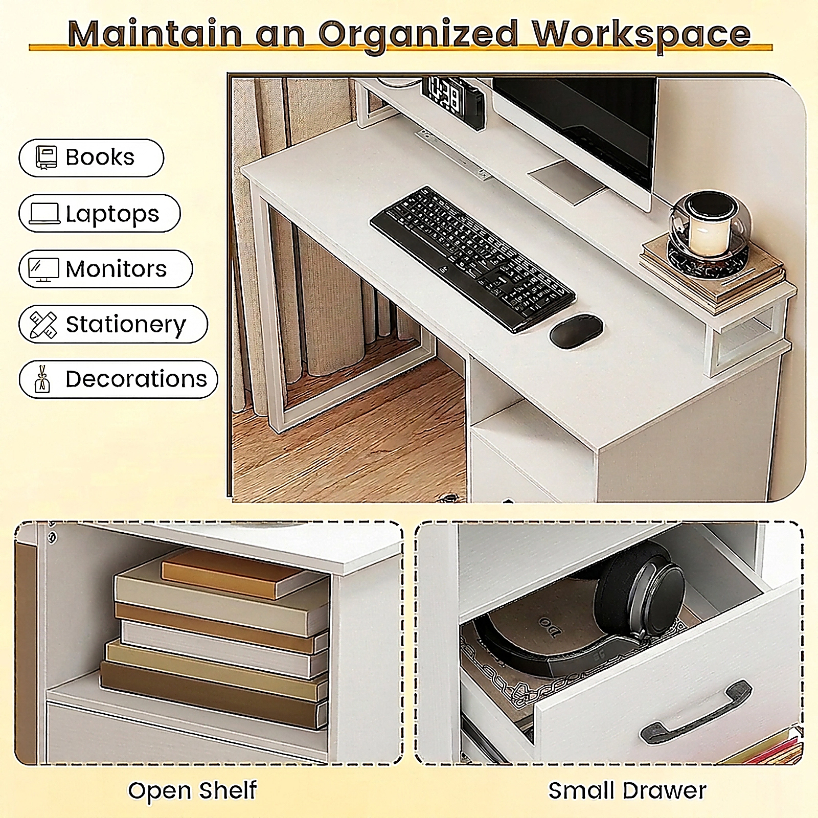 SUGIFT Modern Computer Desk with Power Outlets and File Drawer 135-lb Tabletop Capacity with Monitor Stand White