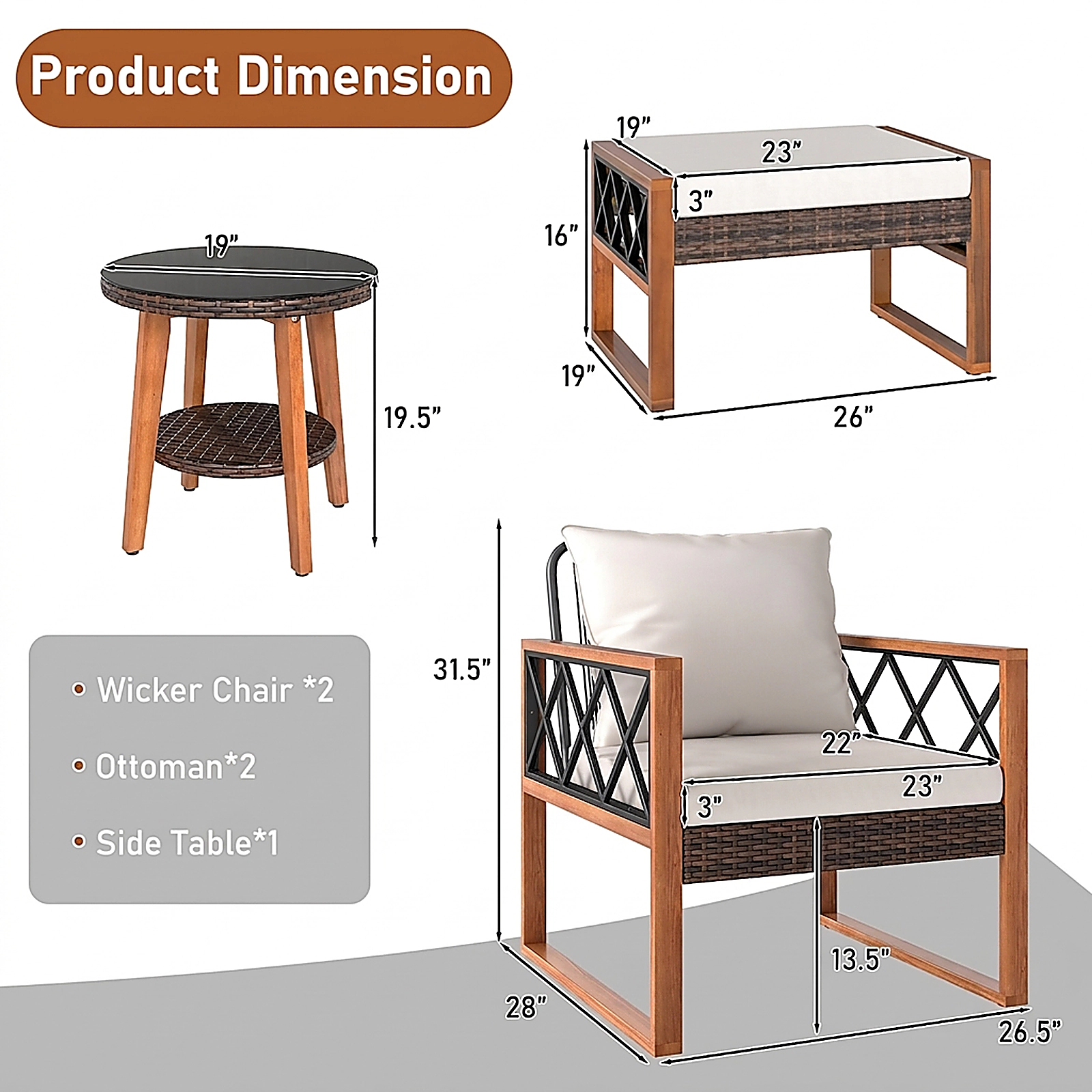 SUGIFT 5-Piece Brown Wicker Patio Set with 2 Lounge Chairs, 2 Ottomans and Acacia Wood Glass-Top Table