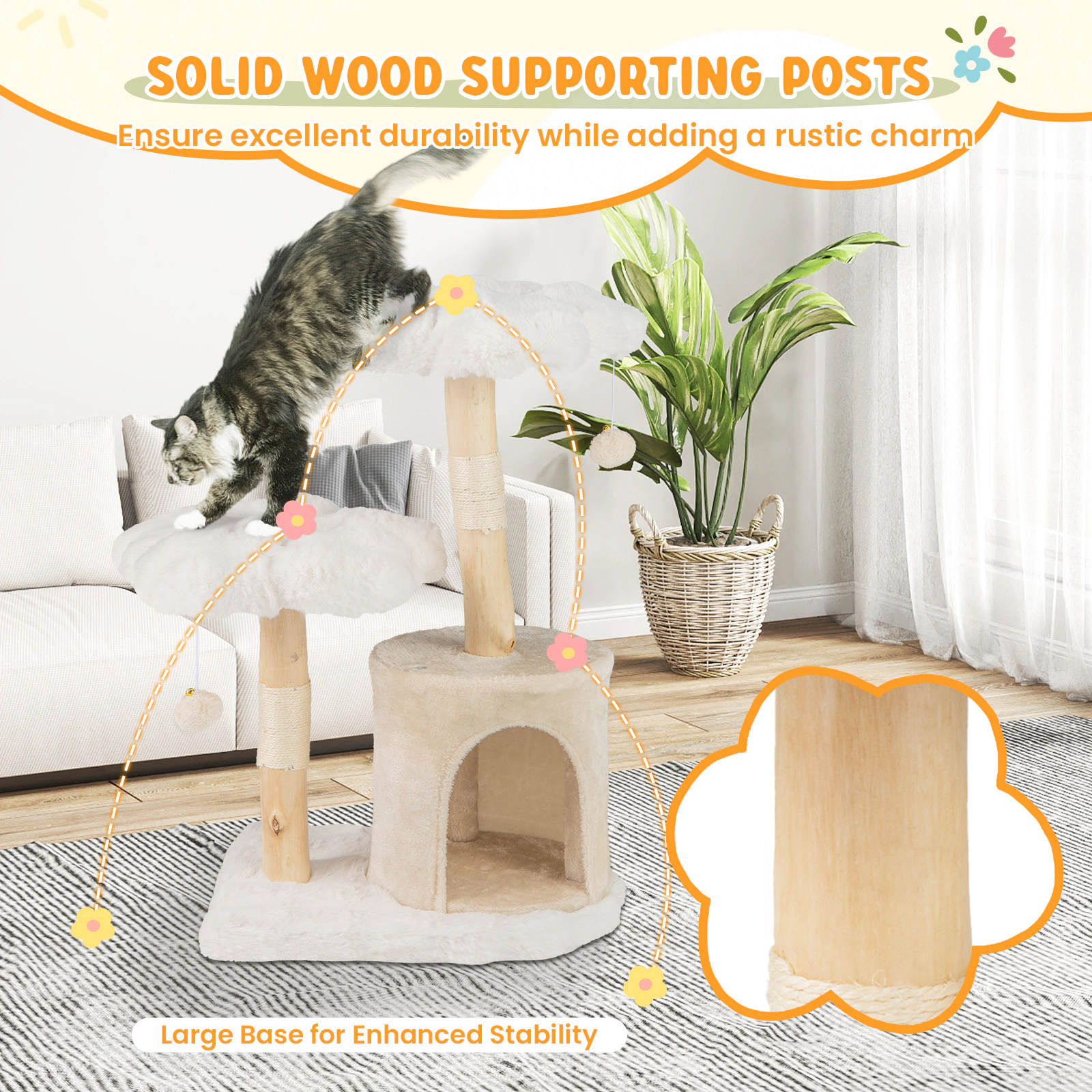 SUGIFT Beige Solid Wood Cat Tree with Natural Branch Posts and Flower Platforms