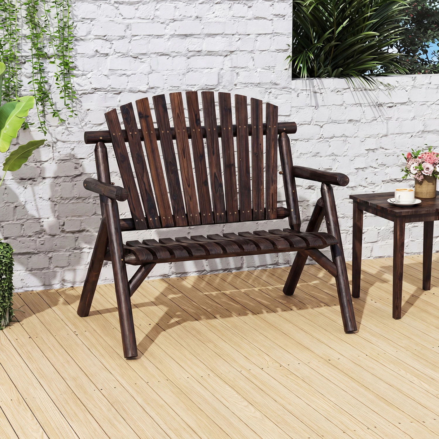LJG 2-Person Log Wood Patio Bench with Slatted Backrest for Deck Backyard