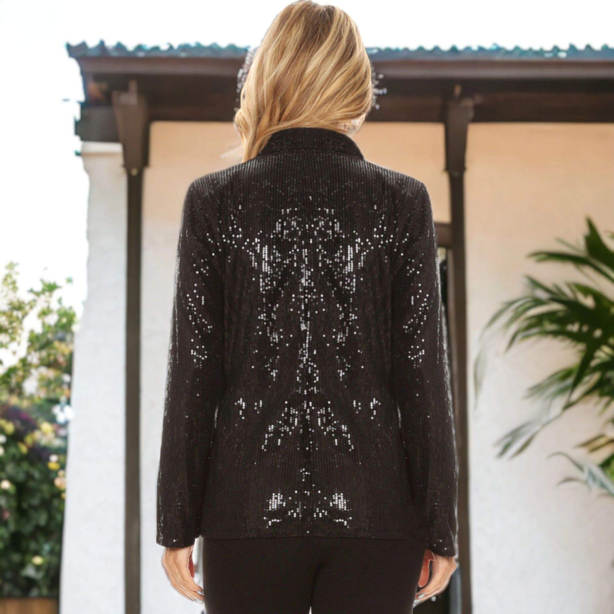 Anna-Kaci Women's Long Sleeve Sparkle Sequin Two Button Blazer Jacket