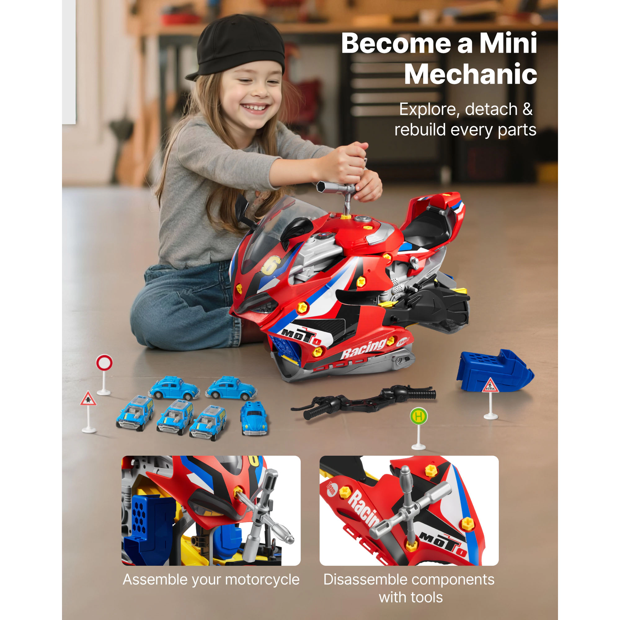 HONGGE Motorcycle Engine Toy 25 Pieces Motorcycle Mechanic Toy with Removable Parts Lights & Sounds Simulated Riding &