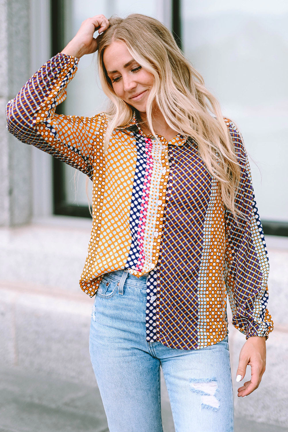 Threaded Pear Women's Brown Dot Print Long Sleeve Button Down Shift PLUS Shirt