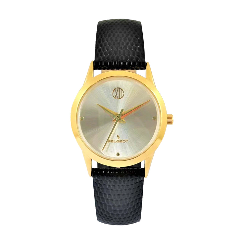 Peugeot Womens Wafer Slim Designer  Status Watch Champ Dial with Black Leather Strap