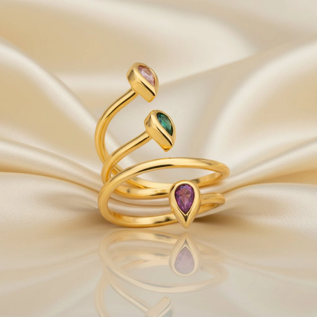 DressAtR Women's Multi Layer Zircon Gold Plated Open Ring