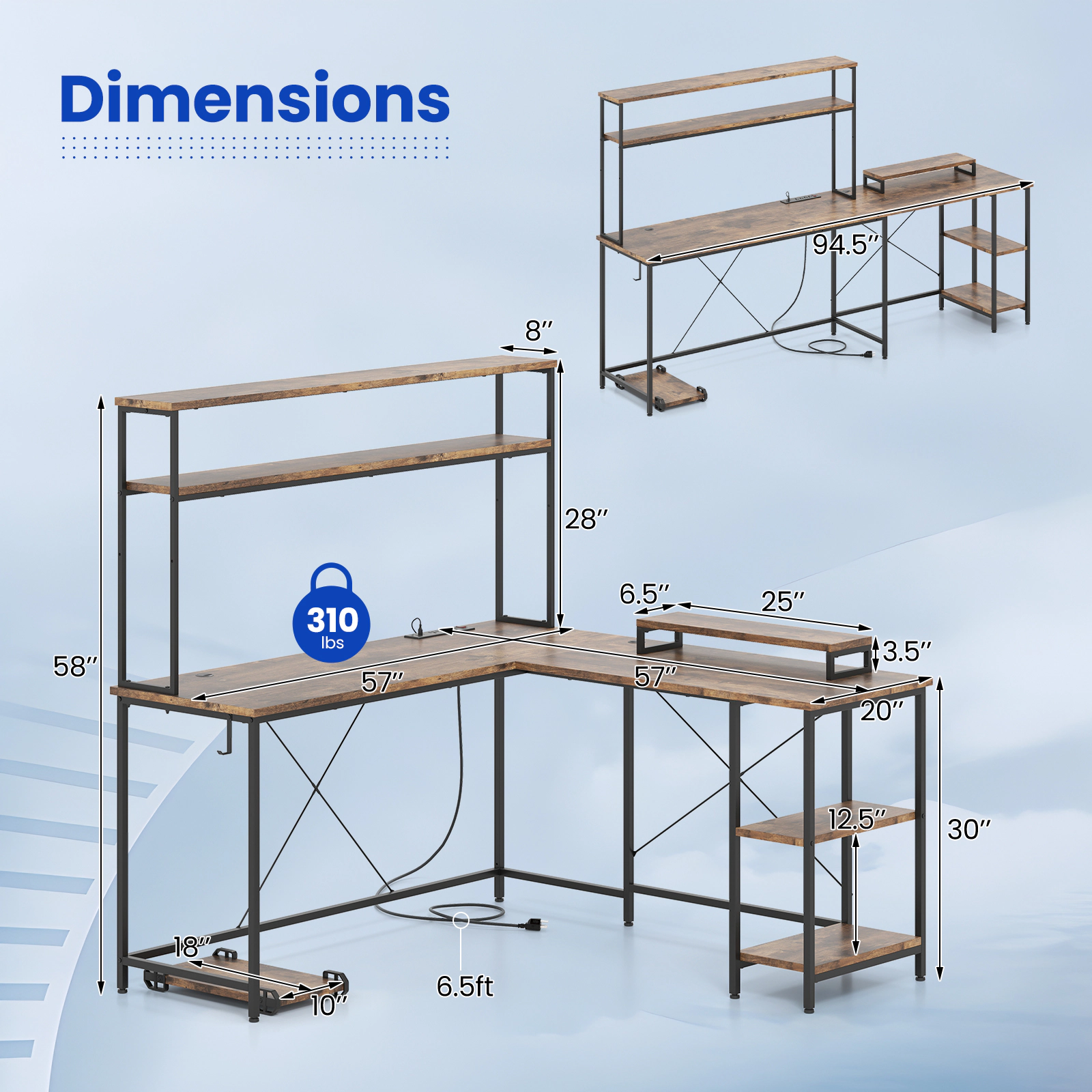 SUGIFT Reversible Rustic Brown L-Shaped Gaming Desk with RGB LEDs, Hutch and Charging Station