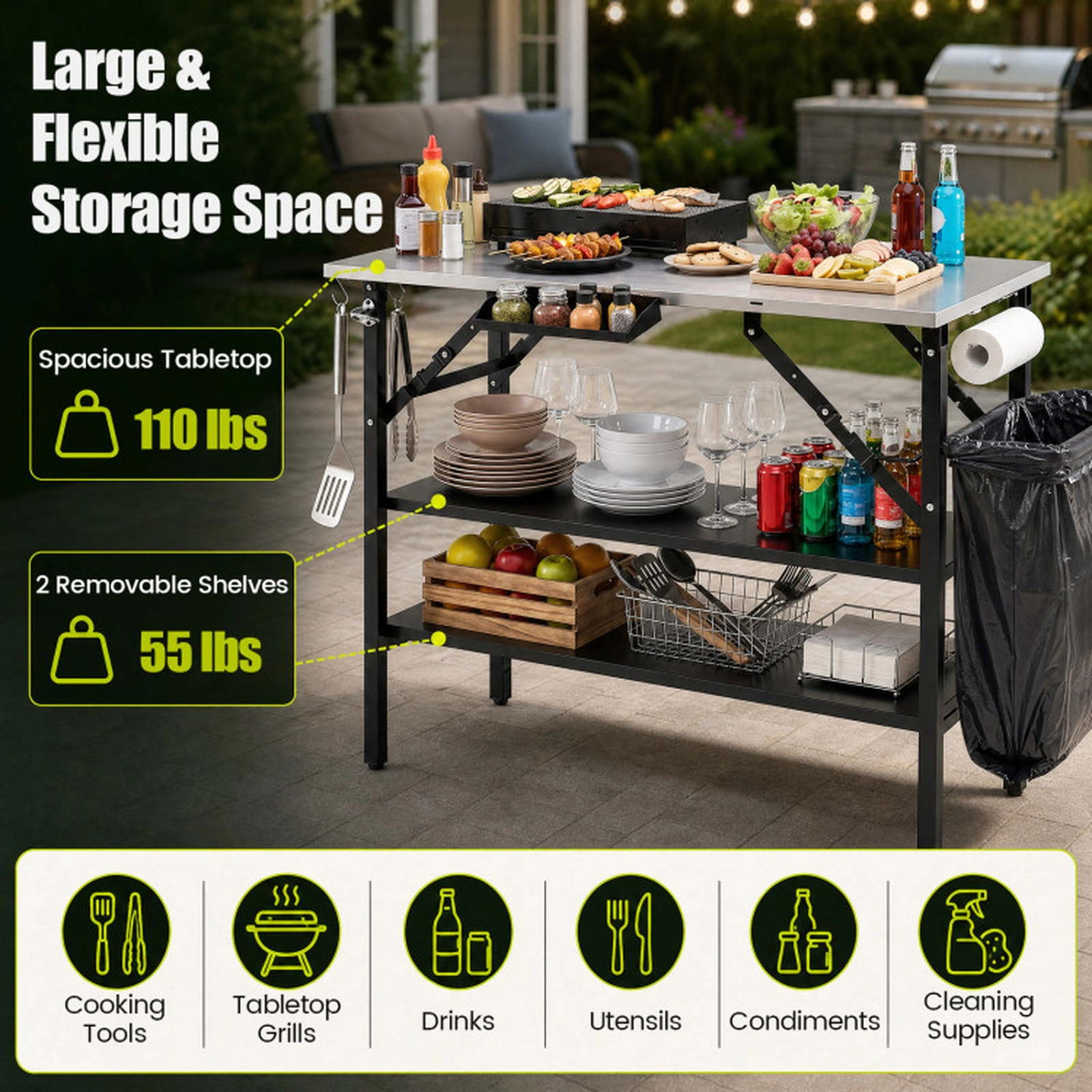 SUGIFT Foldable Outdoor Cook Station Table with Stainless Steel Top 150-lb Tabletop Capacity 2 Removable Shelves Black