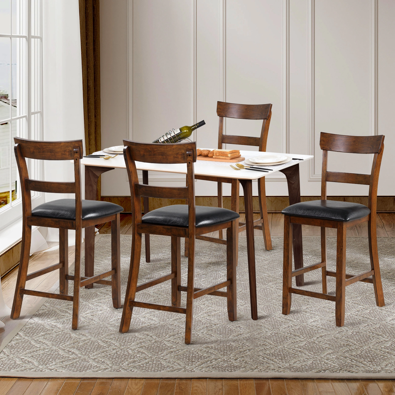 SUGIFT Brown PVC Leather Seat and Rubber Wood Legs 2 Piece Counter Height Bar Stool Set