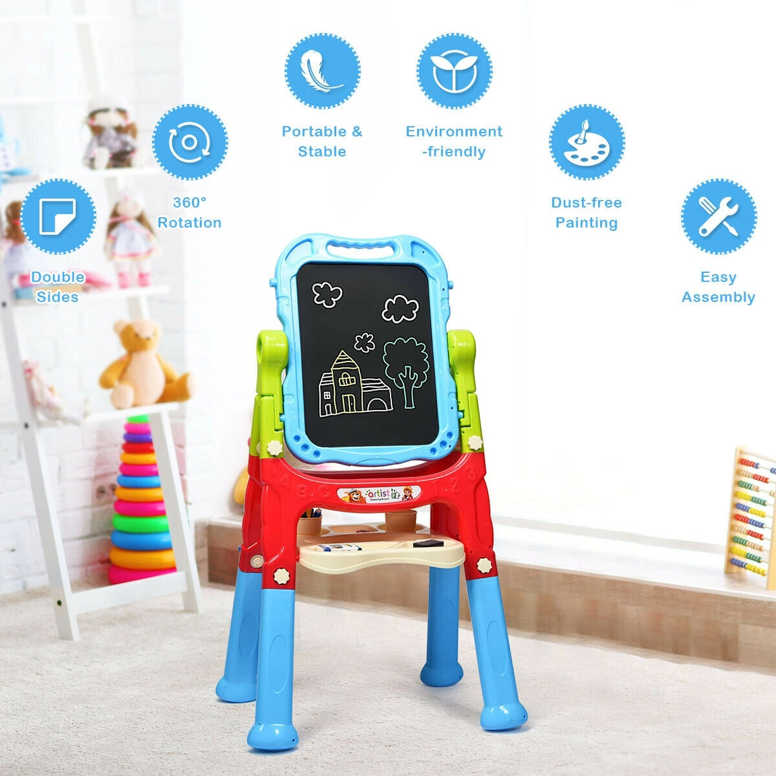 Height Adjustable Kids Easel 360-Degree Rotating Magnetic Double-Sided Board Detachable Panel 2 Leg Lengths Blue