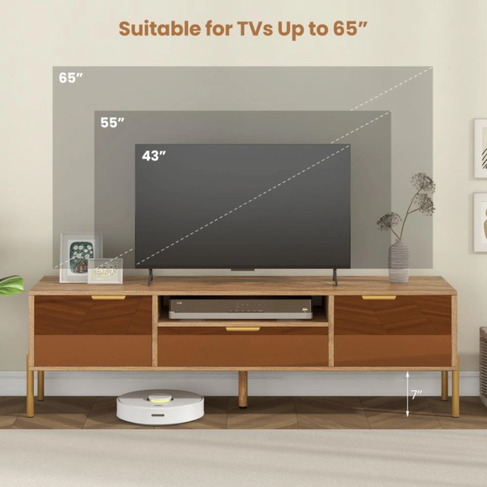Hivvago Mirrored Tv Stand For Tv Up To 65 Inch With Spacious Tabletop And 2 Storage Cabinets-Natural