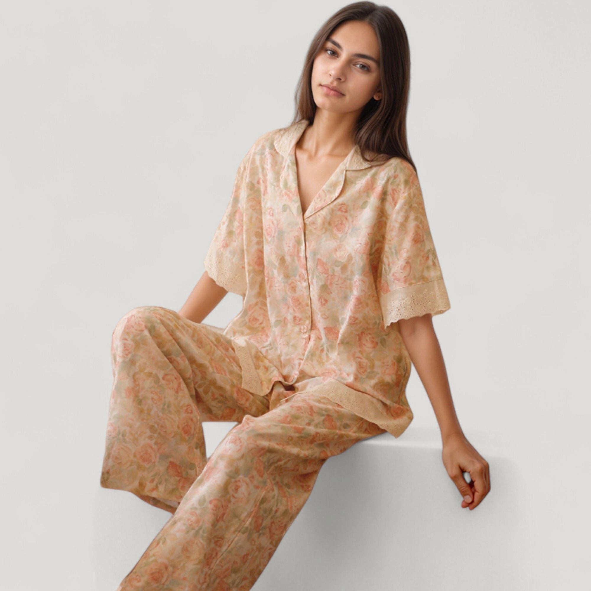 Anna-Kaci Women's Floral Lace Trim Pajama Set Short Sleeve Button Top with Matching Wide Leg Lounge Pants