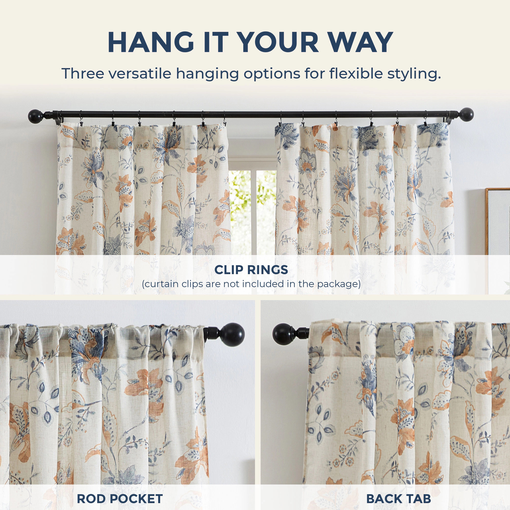 HLC.ME Spring Bloom Linen Floral Print Patterned Curtains - Back Tab Pocket Window Flower Panels Set of 2