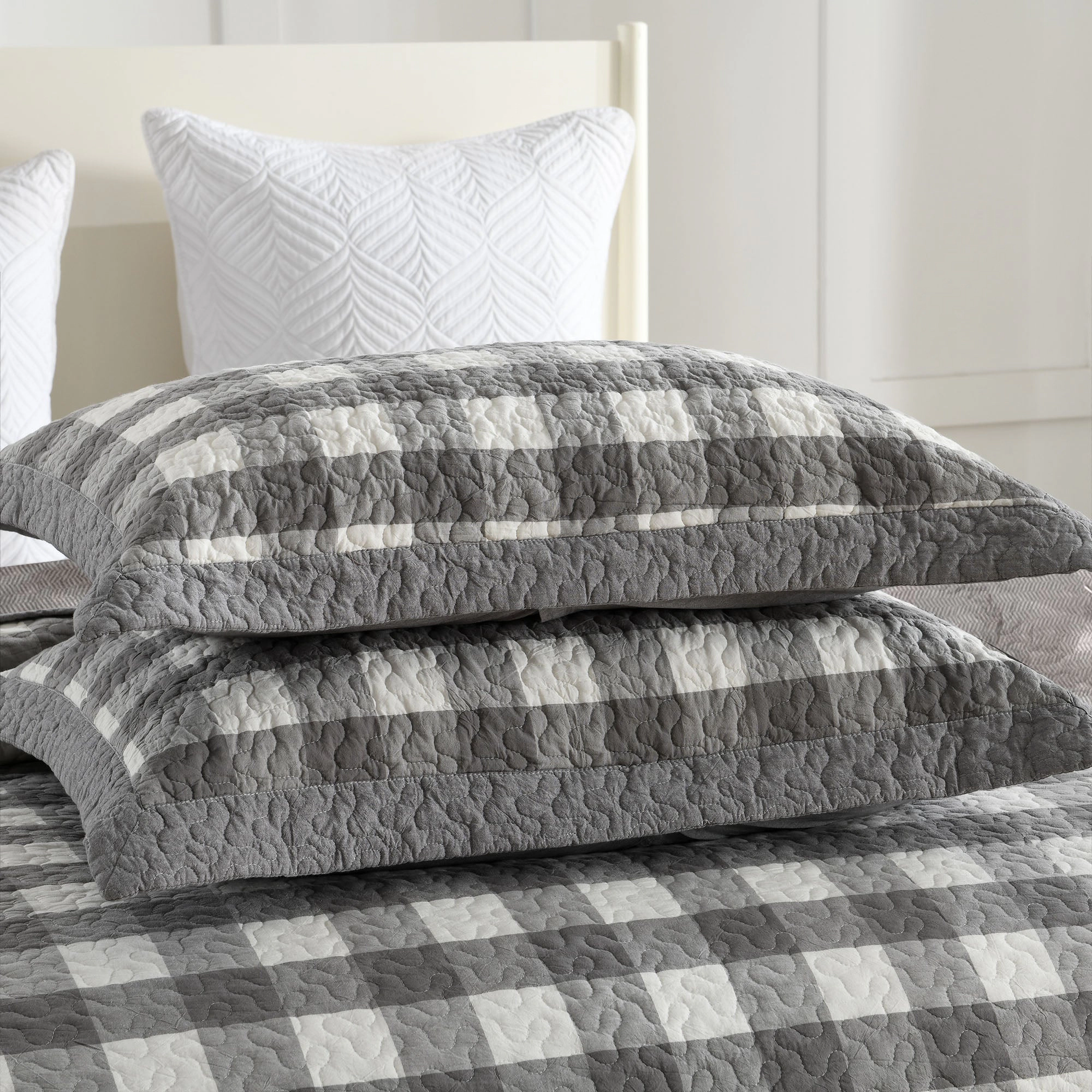 MarCielo 3 Pieces Gray and White Checkered Quilt Bedspread Set,Lightweight Bed Cover