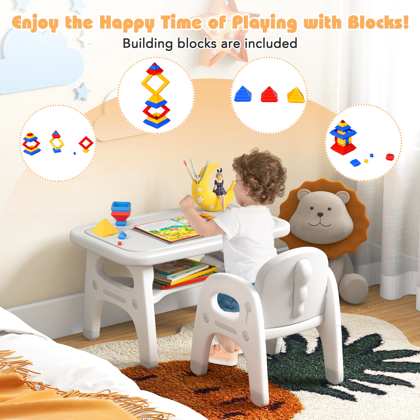 SUGIFT Kids Dinosaur Activity Table and Chair Set with Building Blocks, Gray