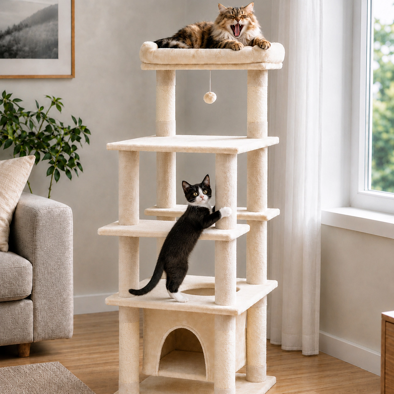 SUGIFT Beige Swaying Aerial Condo Skylight and Plush Perch Bed 58 in Cat Tree