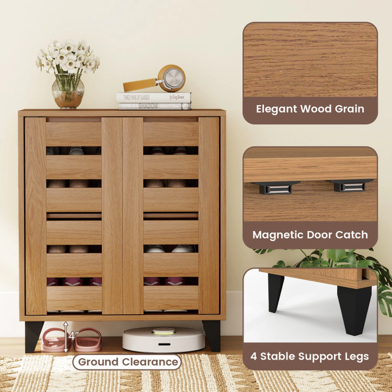 SUGIFT Natural Louvered Doors and 3 Adjustable Shelves 4-Tier Farmhouse Shoe Cabinet